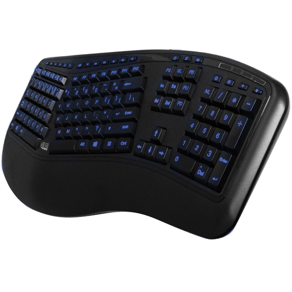 Adesso Tru-Form 150 ergonomic keyboard with 3-color illuminated keys — view 2