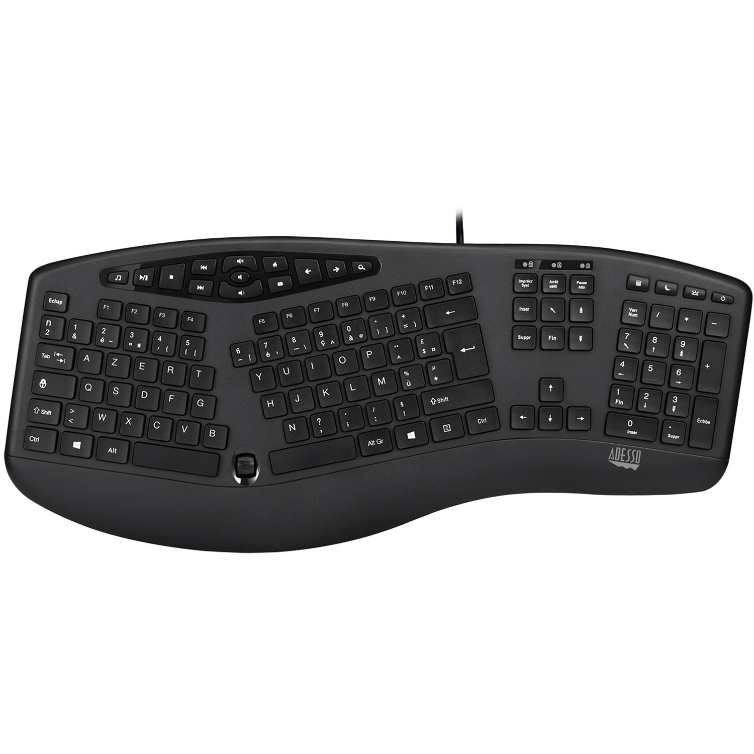 Adesso AKB-160UB ergonomic desktop keyboard with split-key zones, palm rest, and multimedia hot keys — view 2