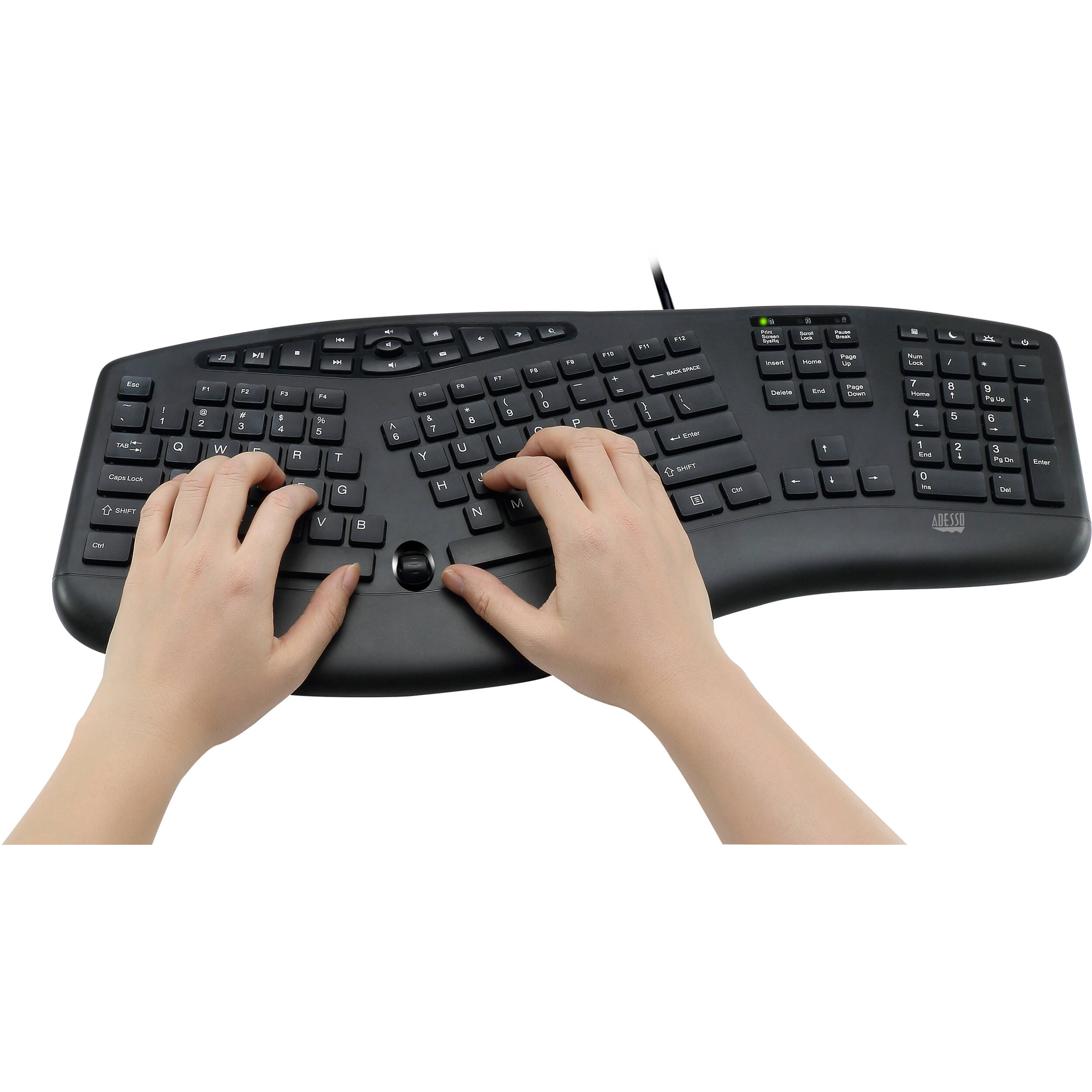 Adesso AKB-160UB ergonomic desktop keyboard with split-key zones, palm rest, and multimedia hot keys — view 8