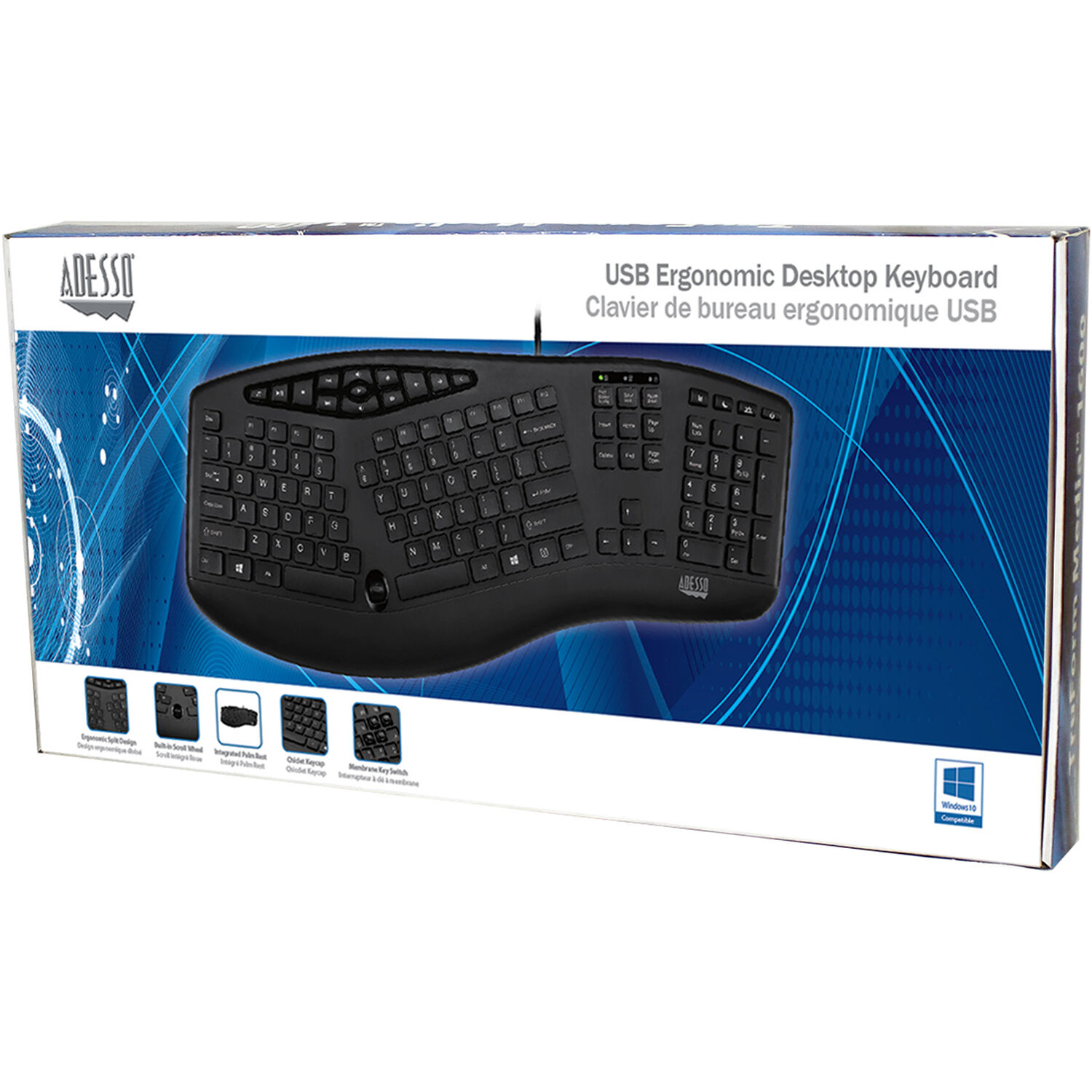 Adesso AKB-160UB ergonomic desktop keyboard with split-key zones, palm rest, and multimedia hot keys — view 9