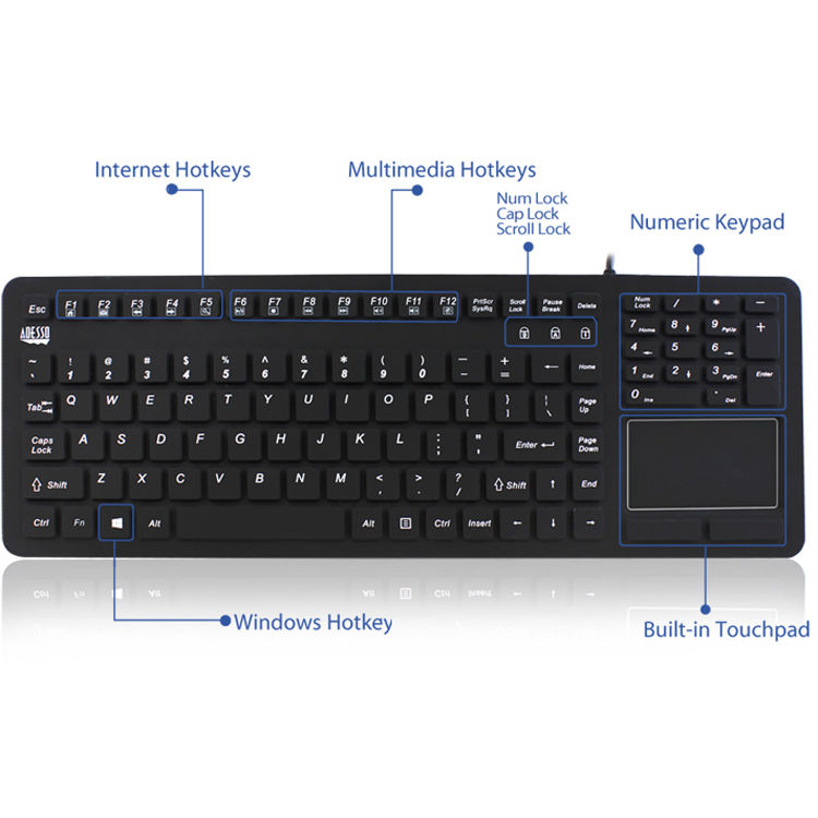 Adesso waterproof silicone keyboard with touchpad, 10-key numeric keypad, and 12 hot keys — view 9