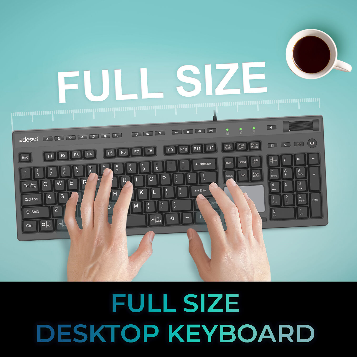 Adesso wired full-size touchpad keyboard with integrated click buttons and scroll wheel — view 10