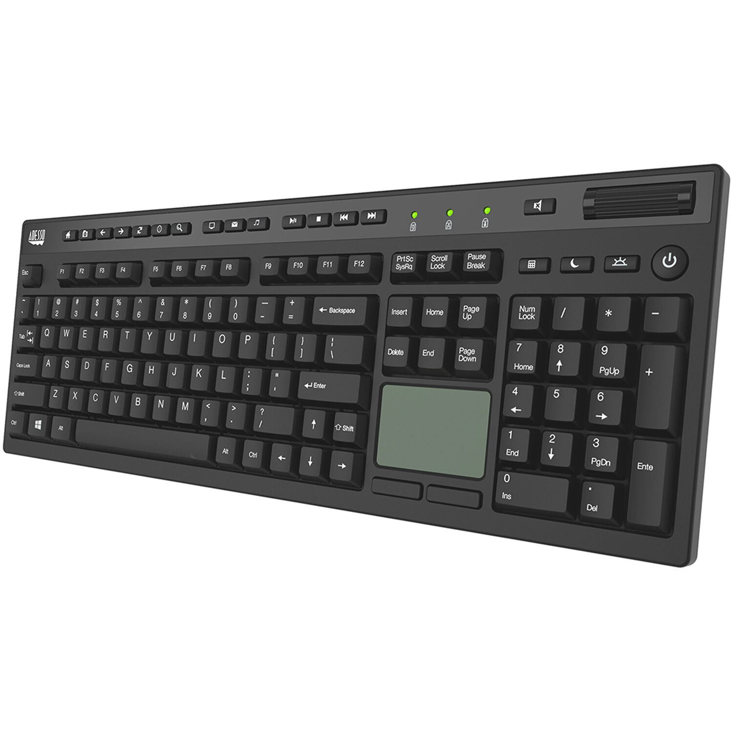Adesso wired full-size touchpad keyboard with integrated click buttons and scroll wheel — view 3