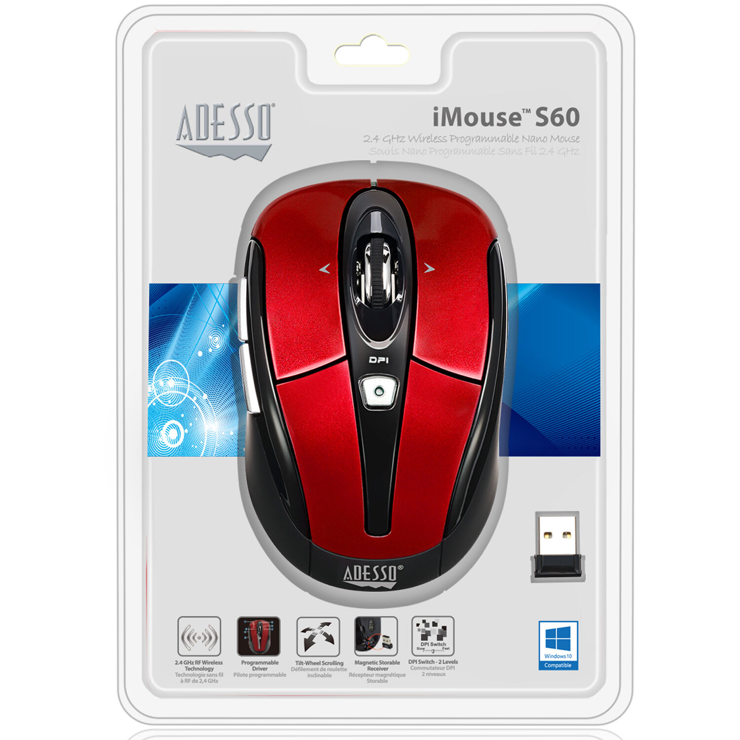 ADESSO RED 2.4GHZ WIRELESS OPTICAL MINI MOUSE,  WITH PROGRAMMABLE DRIVER, 4-WAY — view 9