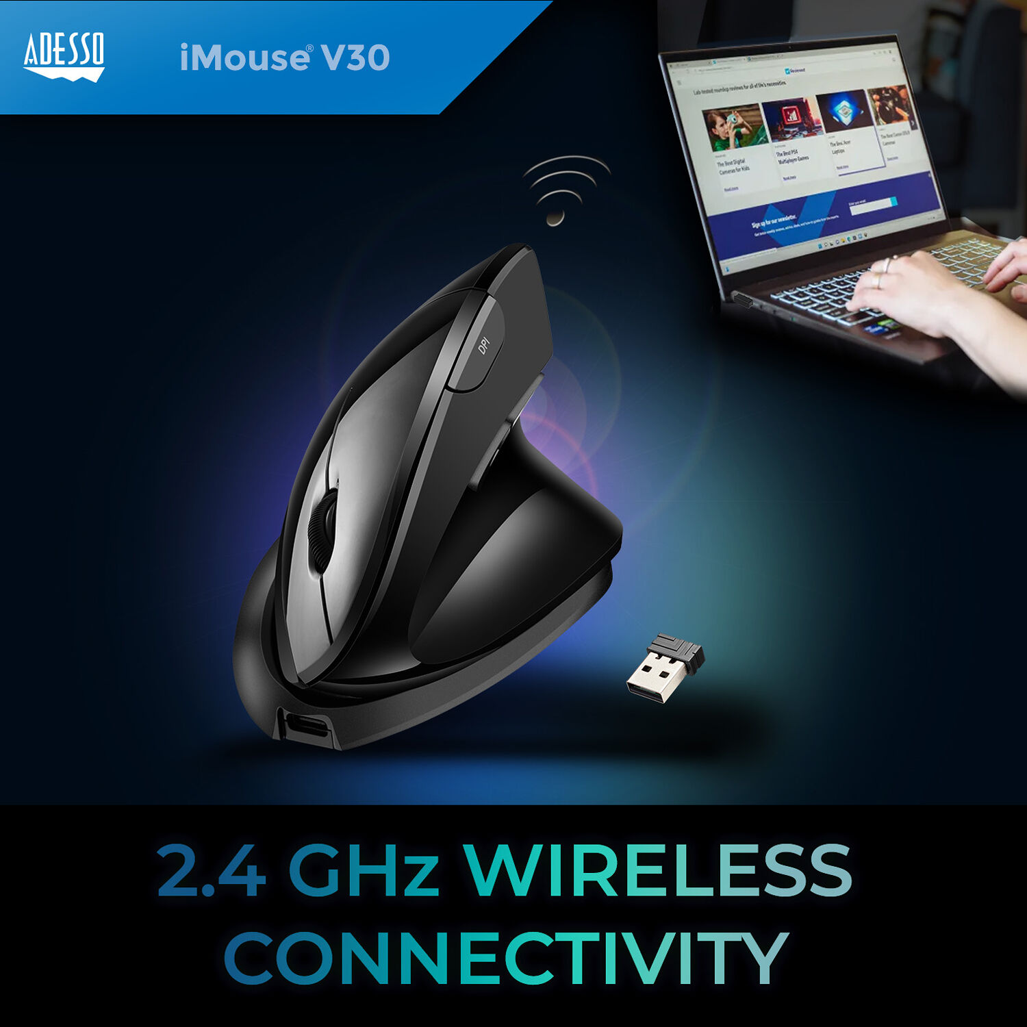 Adesso adjustable vertical ergonomic wireless mouse for comfortable desktop navigation — view 11