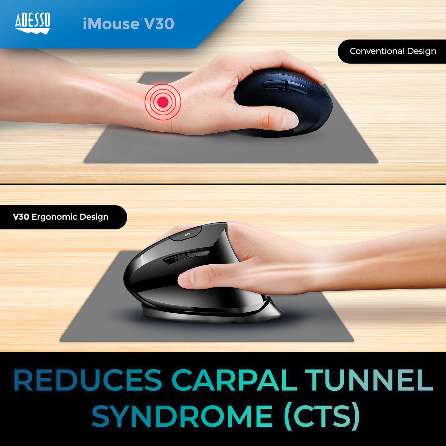 Adesso adjustable vertical ergonomic wireless mouse for comfortable desktop navigation — view 7