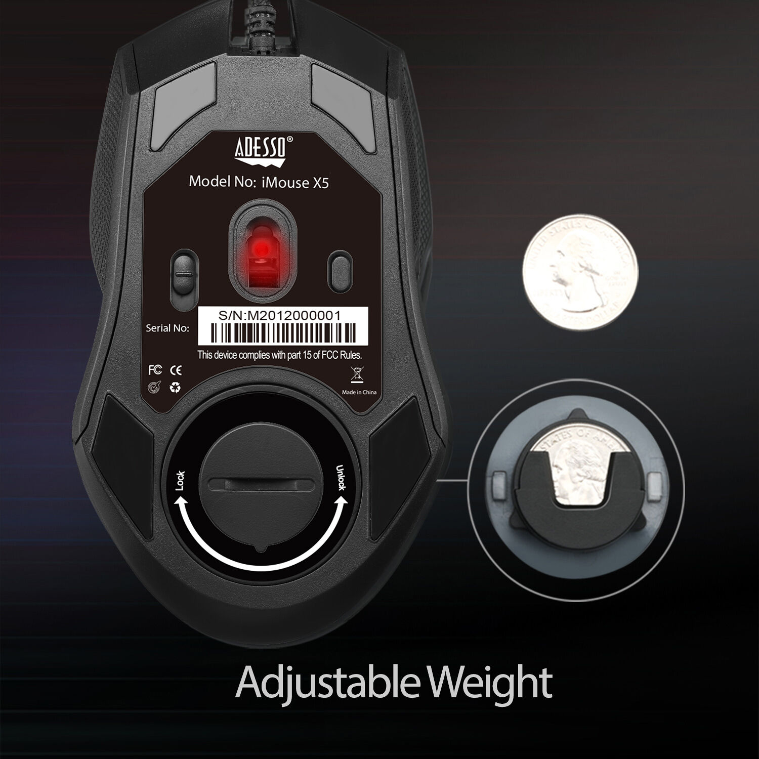 Adesso iMouse X5 programmable gaming mouse in black with RGB illumination, seven buttons and ambidextrous shape — view 7