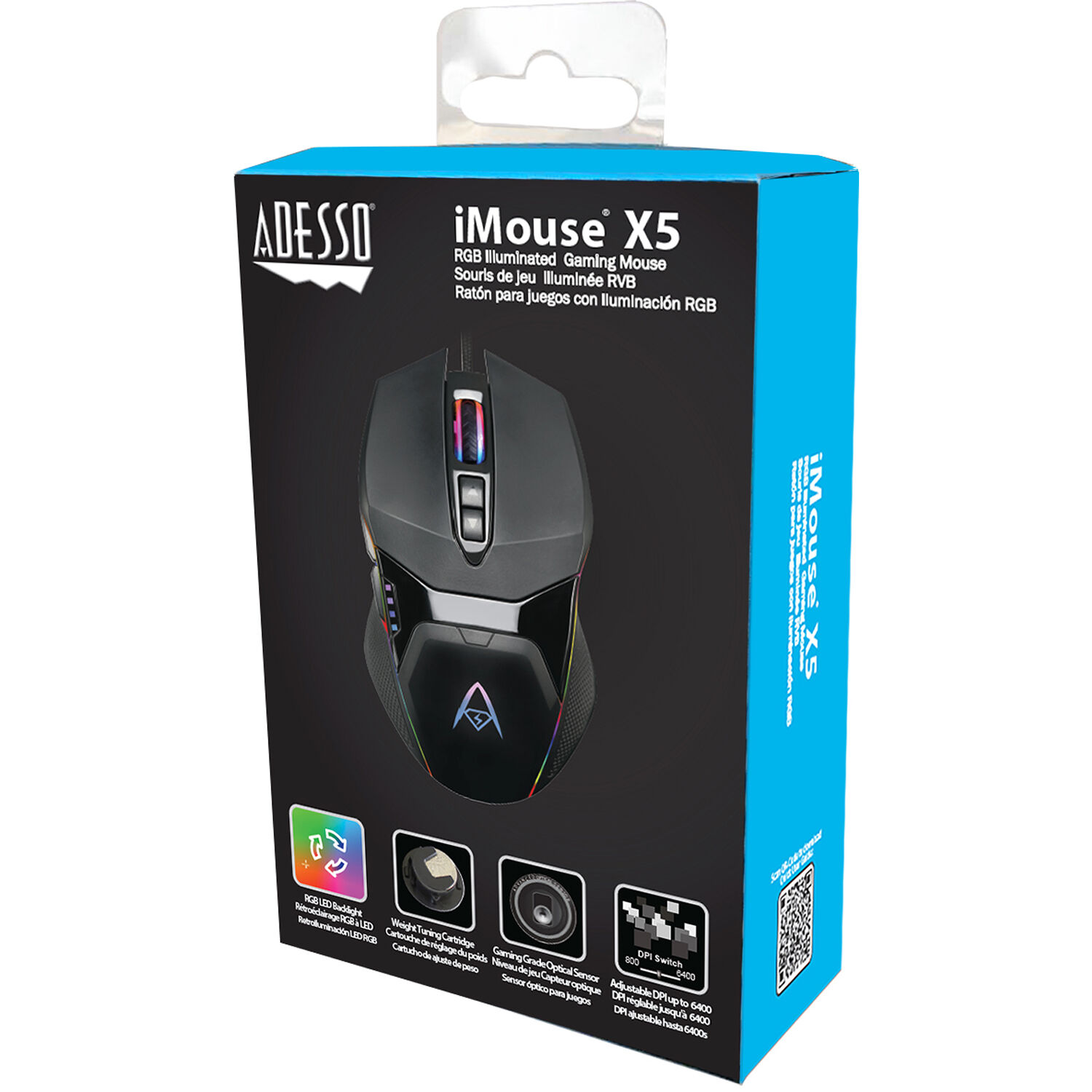 Adesso iMouse X5 programmable gaming mouse in black with RGB illumination, seven buttons and ambidextrous shape — view 9