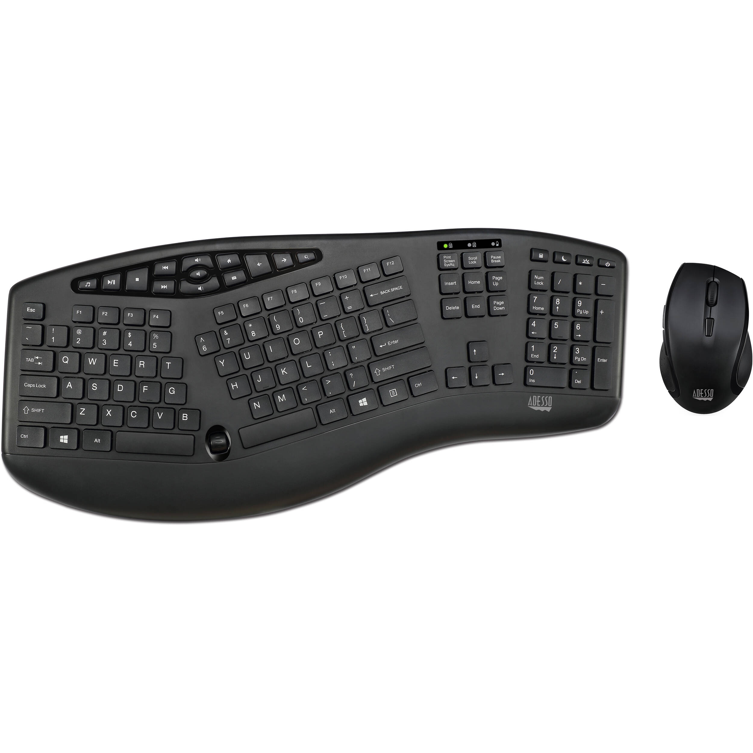 Adesso WKB-1600CB wireless ergonomic keyboard and optical mouse set with split key zones — view 2