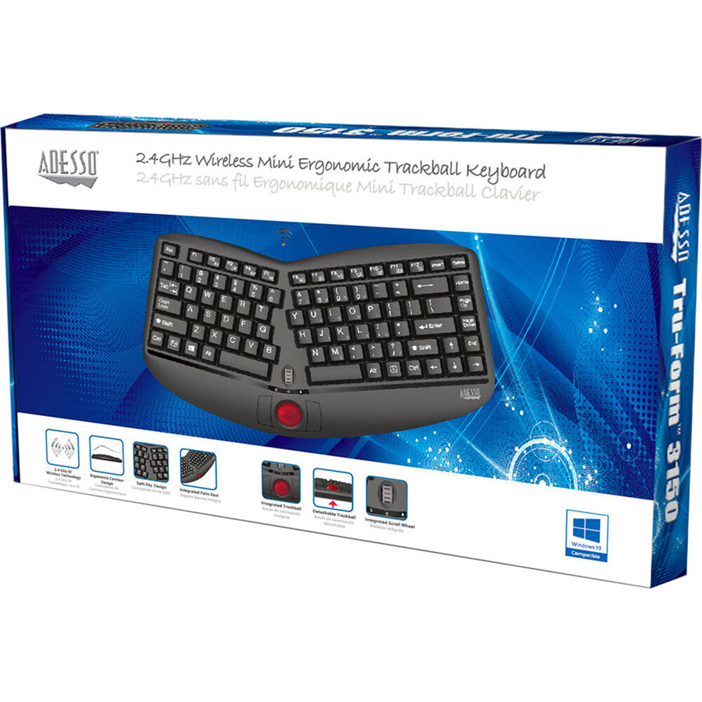 Adesso Tru-Form Media 3150 wireless ergonomic trackball keyboard with split layout — view 8