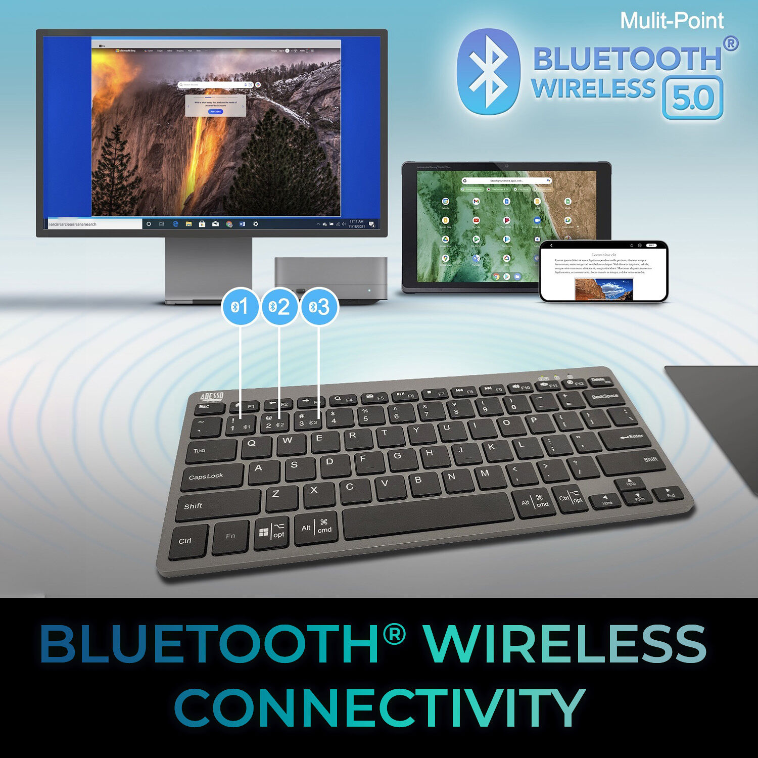 Adesso WKB-7000BB Bluetooth keyboard with CoPilot AI key and compact mini scissor-switch layout — view 9