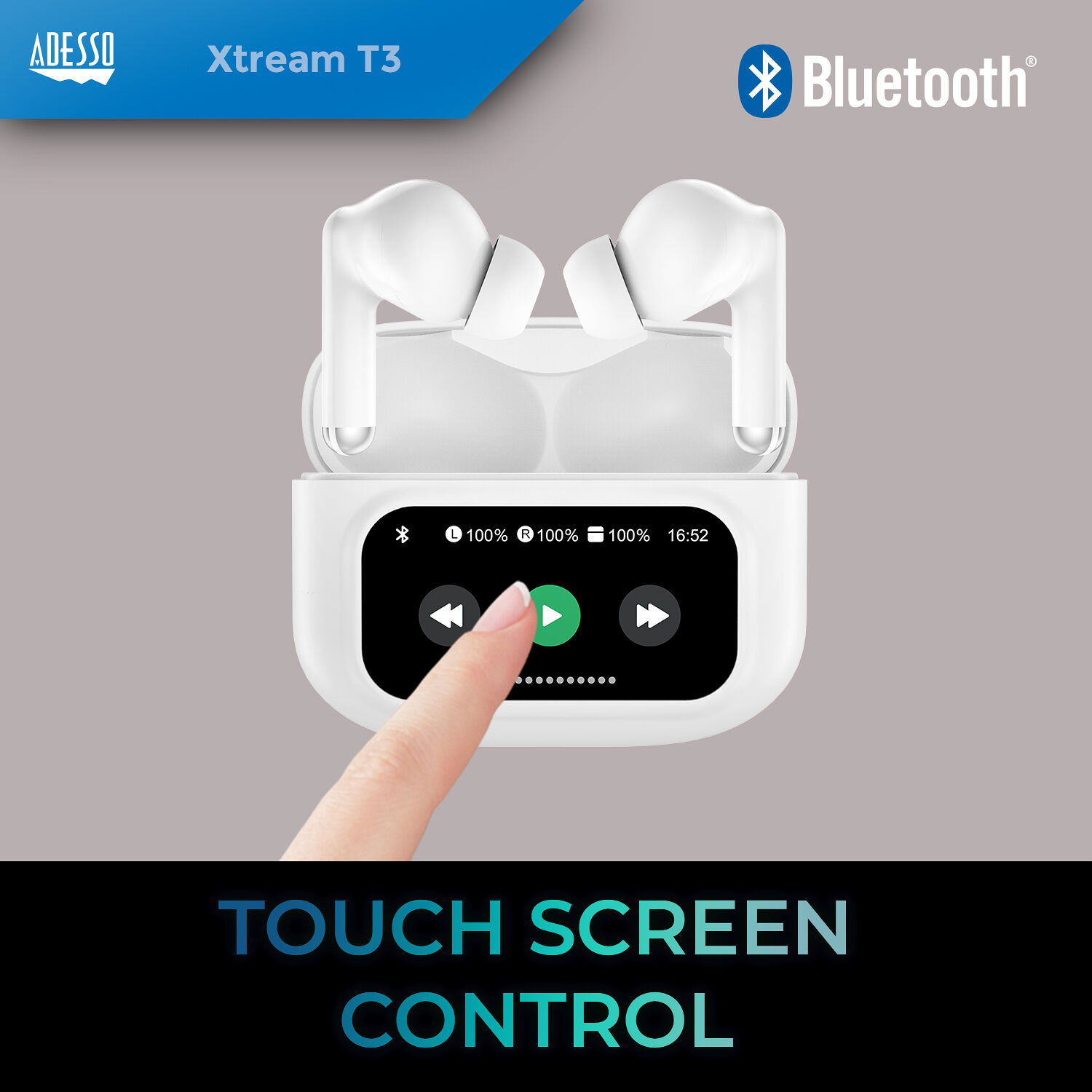 Adesso Xtream T3 true wireless noise-canceling earbuds with touchscreen charging case — view 6