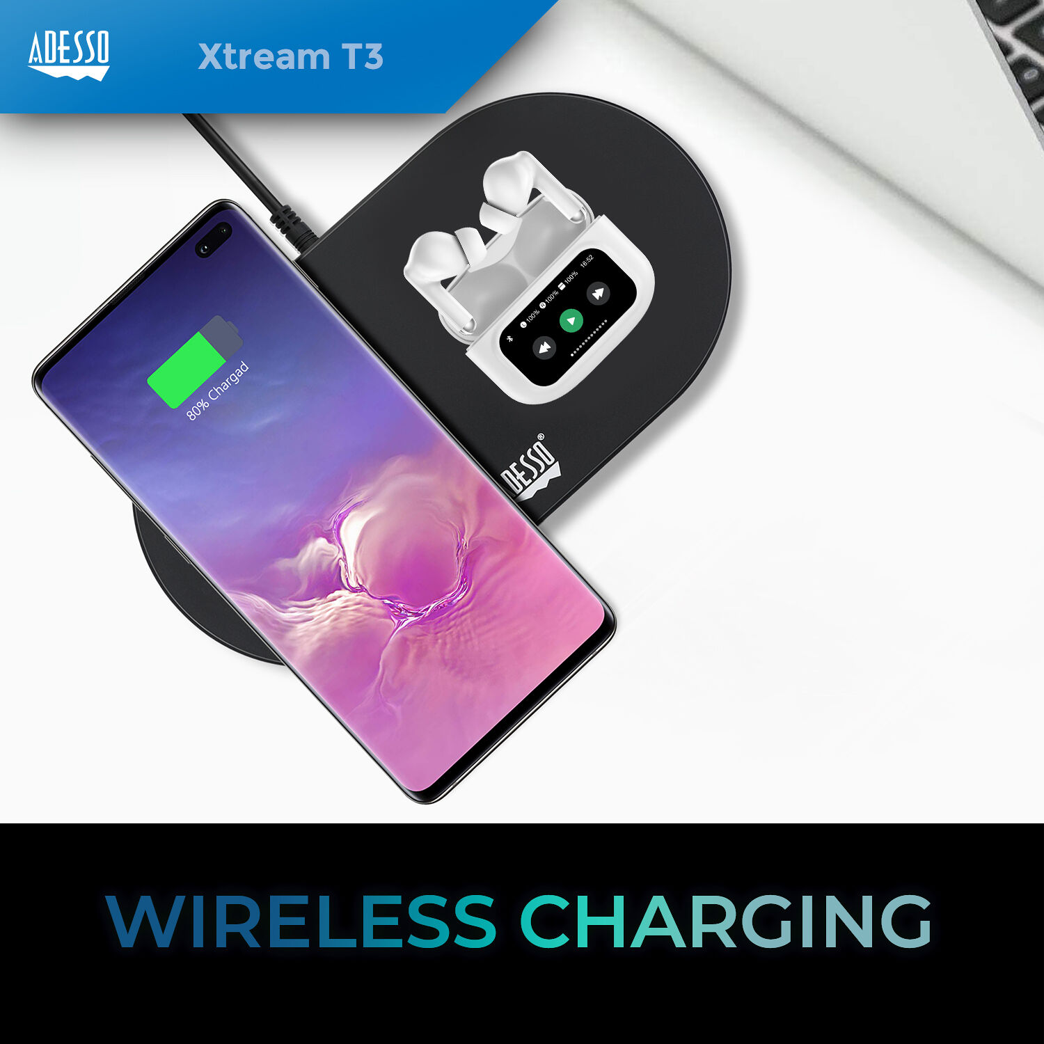 Adesso Xtream T3 true wireless noise-canceling earbuds with touchscreen charging case — view 7
