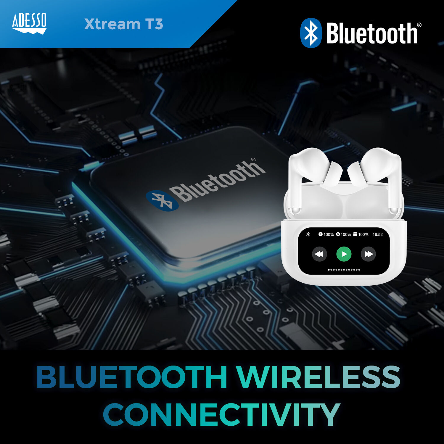 Adesso Xtream T3 true wireless noise-canceling earbuds with touchscreen charging case — view 8