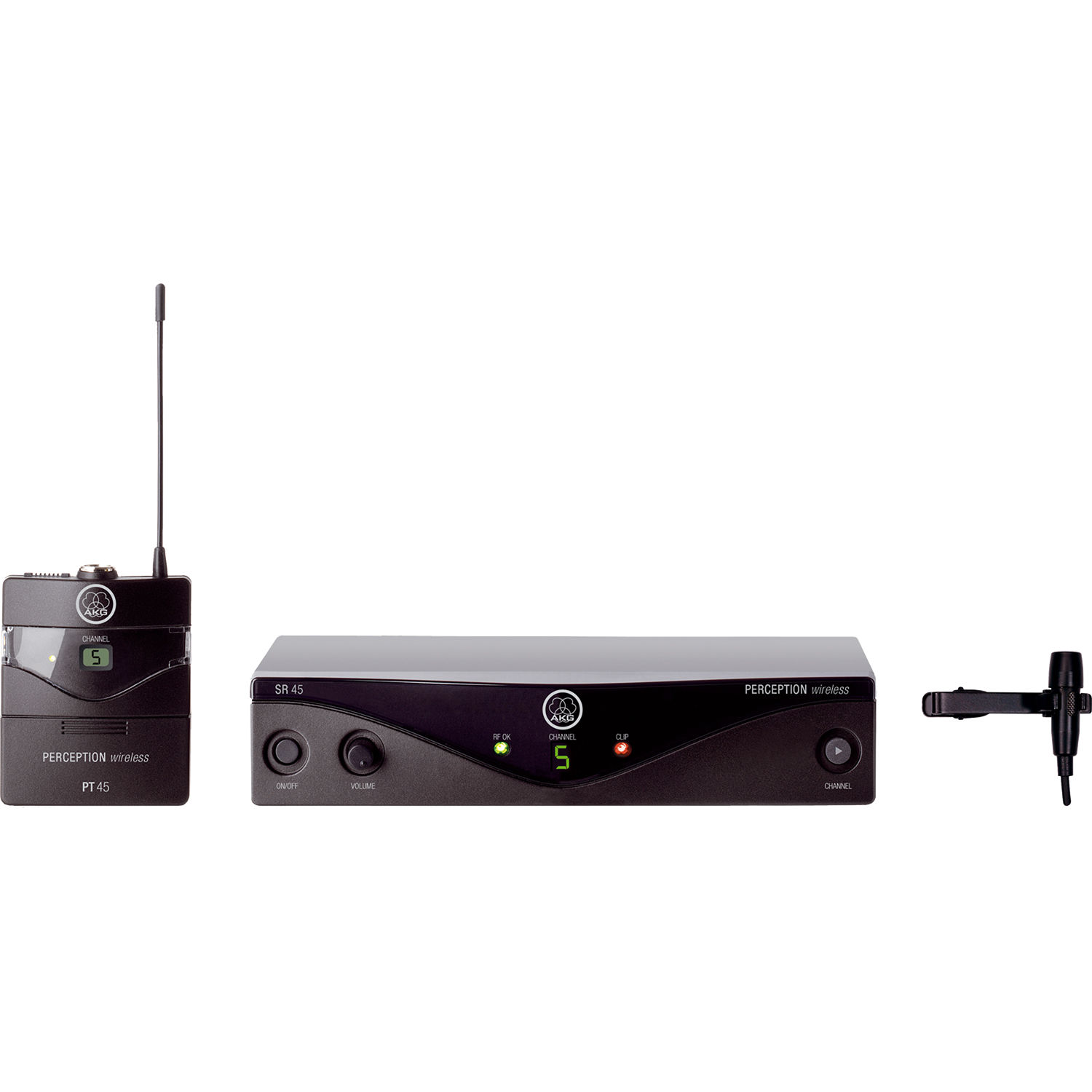 AKG wireless microphone system with receiver, pocket transmitter, and lavalier microphone — view 2