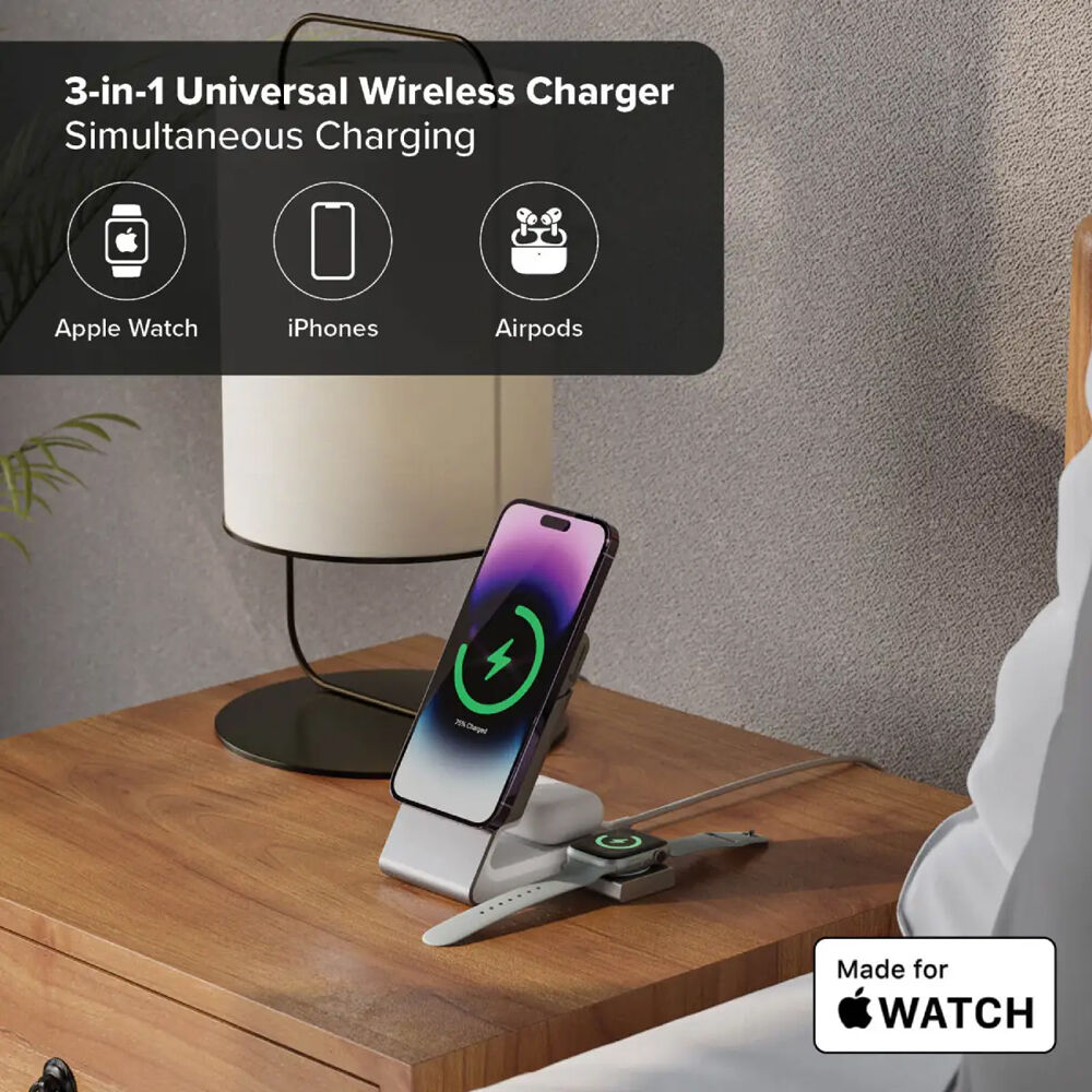 White ALOGIC MATRIX 3-in-1 magnetic charging dock with Apple Watch charger — view 3