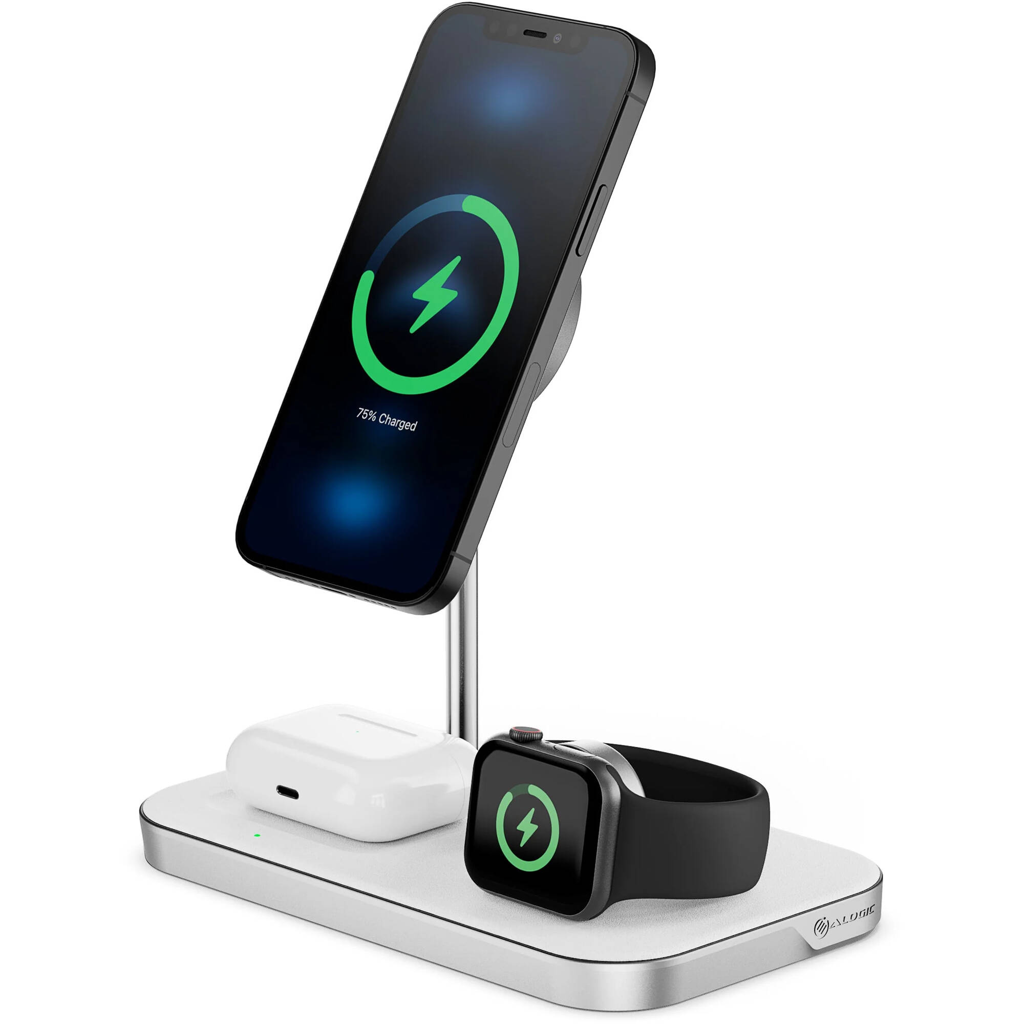 ALOGIC MAGSPEED 3-in-1 wireless 15W charging station in black for phone, earbuds, and watch charging — view 2