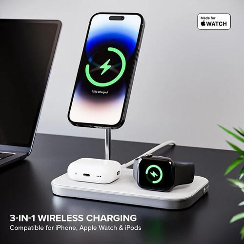 ALOGIC MAGSPEED 3-in-1 wireless 15W charging station in black for phone, earbuds, and watch charging — view 3