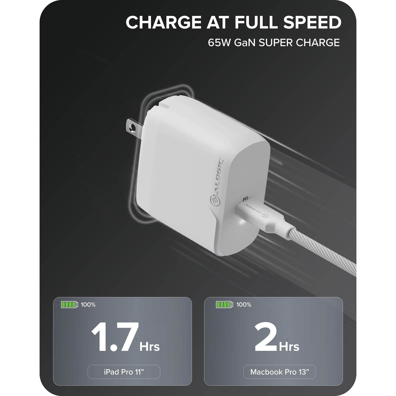 ALOGIC 65 W GaN charger with included 2 m USB-C charging cable — view 10