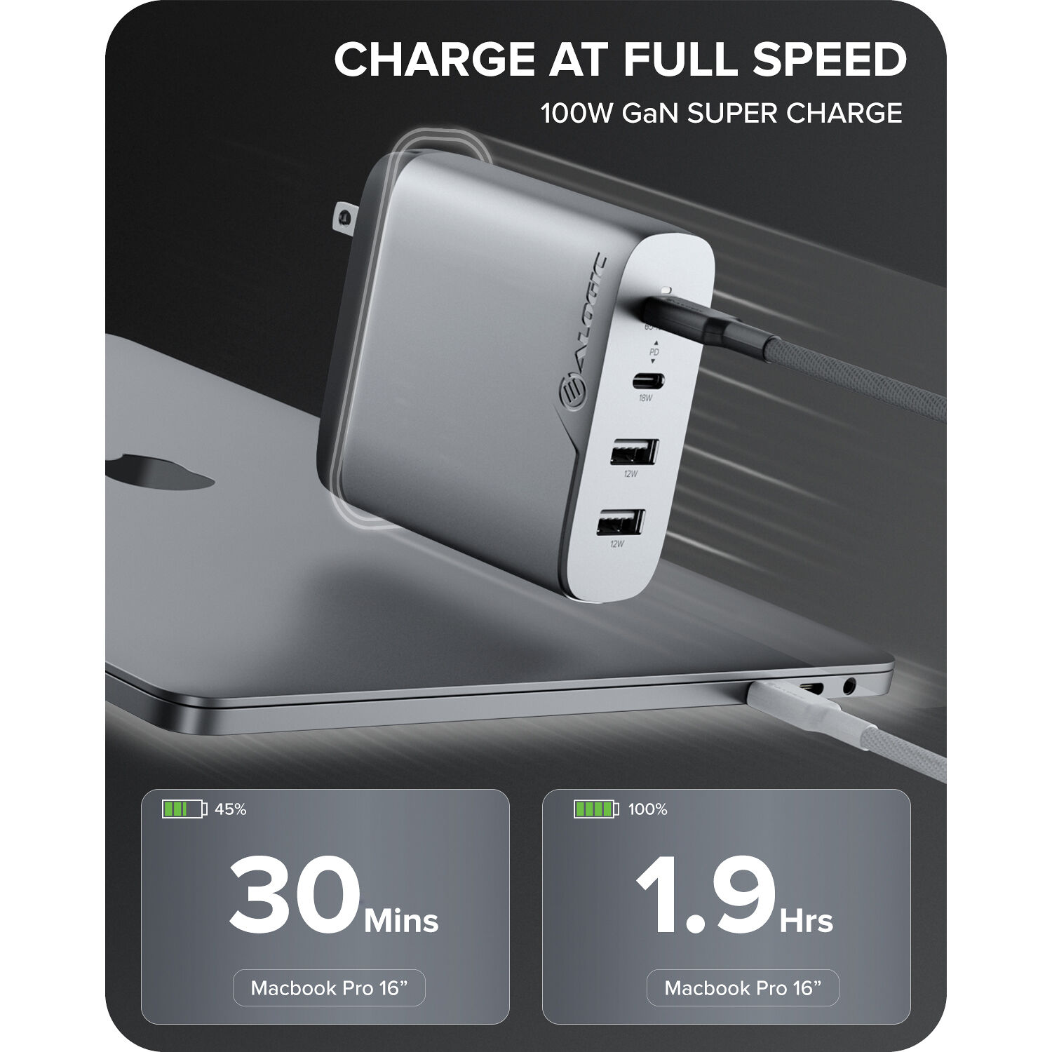 ALOGIC 4X100 Rapid Power 4-port 100W GaN charger in space grey — view 6