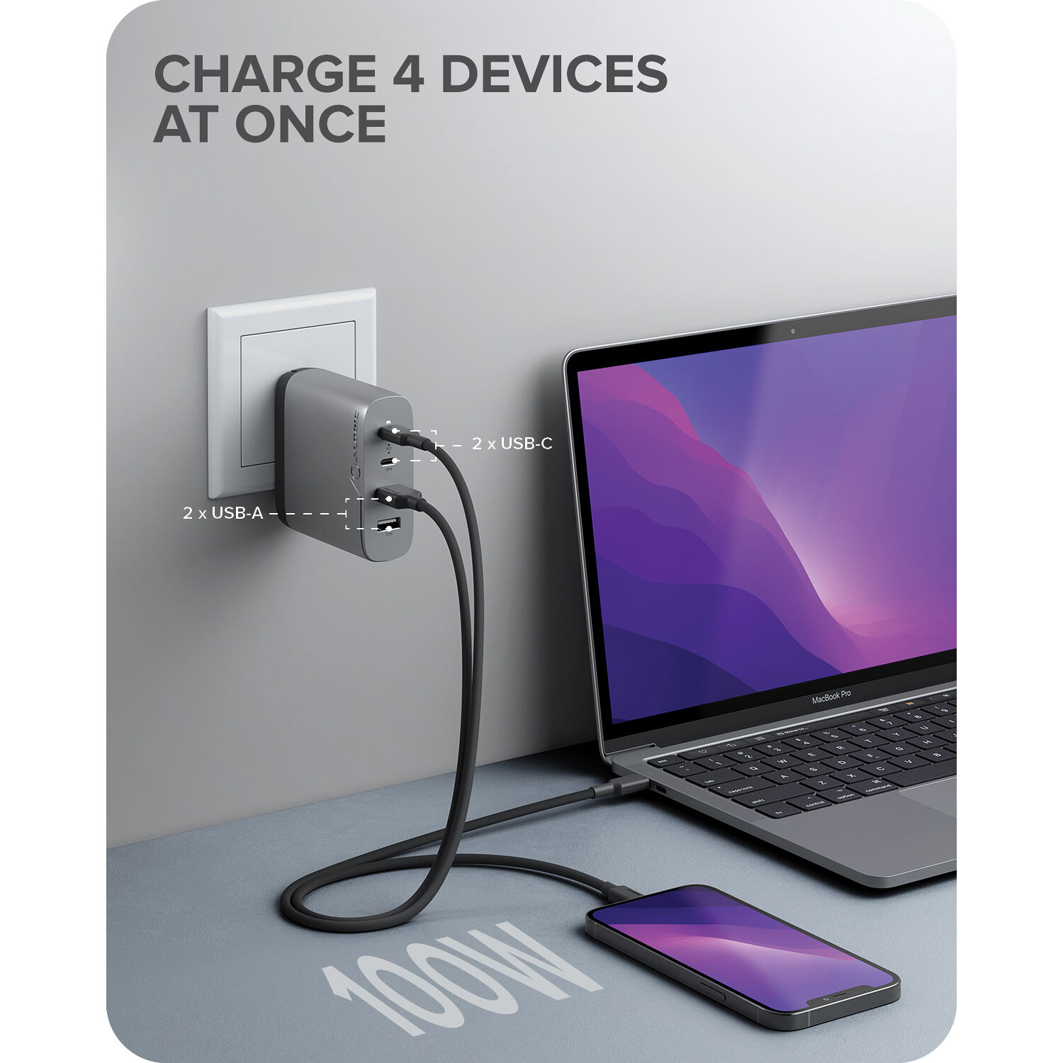 ALOGIC 4X100 Rapid Power 4-port 100W GaN charger in space grey — view 7