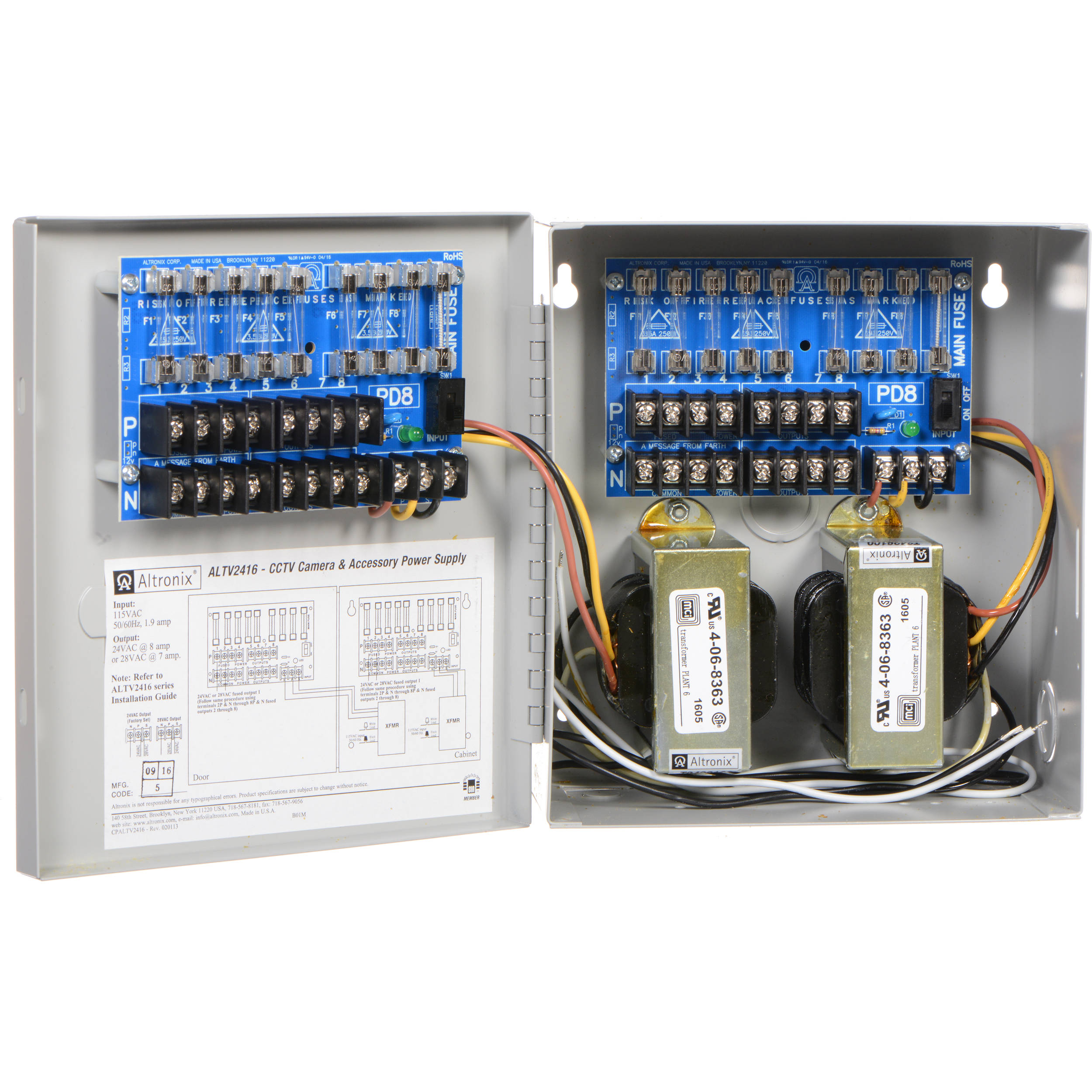 Cctv Power Supply, 16 Fused Outputs, 24/28vac @ 8a, 115vac, Bc100 Enclosure
