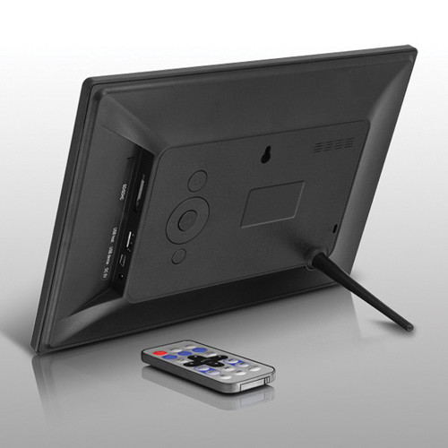Aluratek 10 inch digital photo frame with motion sensor and 4 GB memory on a desktop stand — view 3
