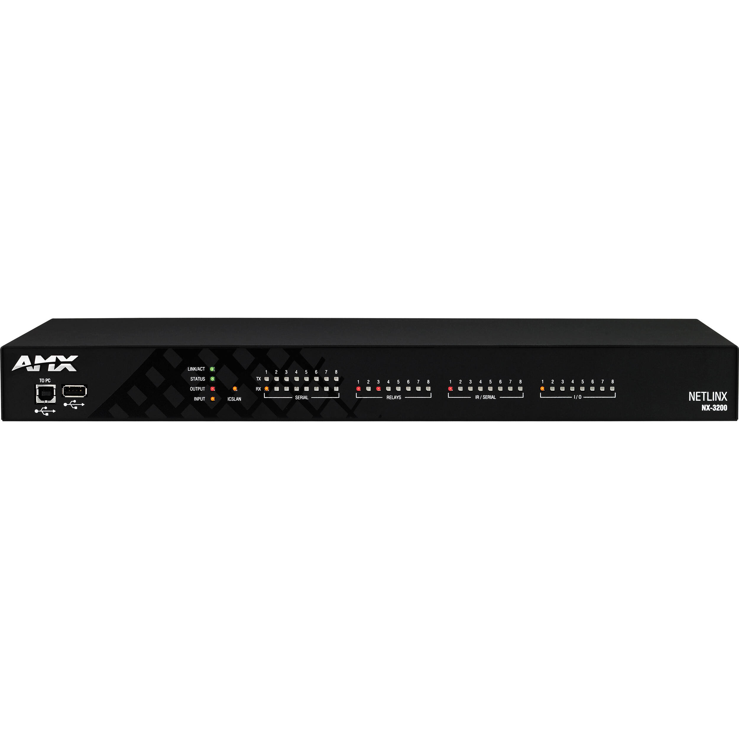 AMX NX 3200 NetLinx NX integrated controller with dual NIC and multiple serial, IR, I/O, and relay ports — view 2