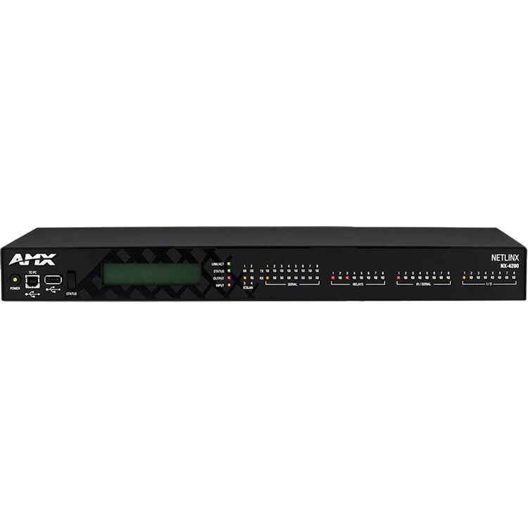 AMX NX-4200 NetLinx NX integrated controller with 8 serial ports, 8 IR ports, and dual NIC — view 2