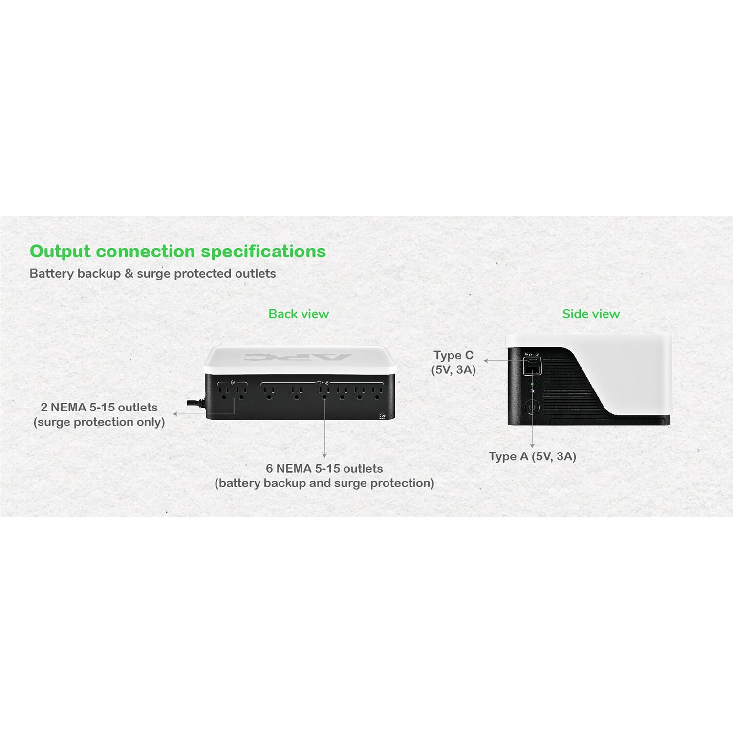 APC Back-UPS BE1050G3 desktop UPS with 8 outlets and 120 V battery backup — view 9