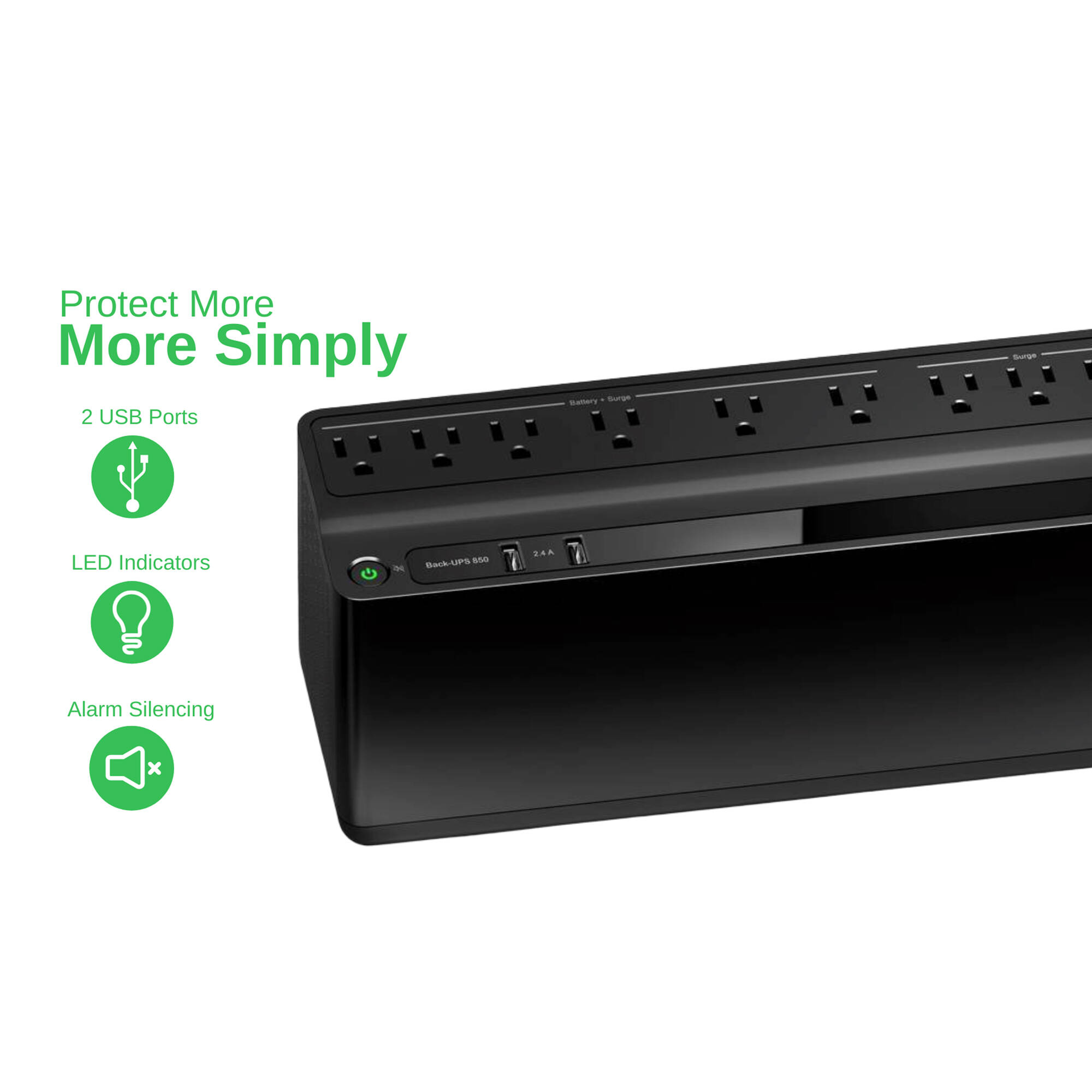 APC Back-UPS 850VA tower UPS with 2 USB charging ports for desktop power backup — view 3