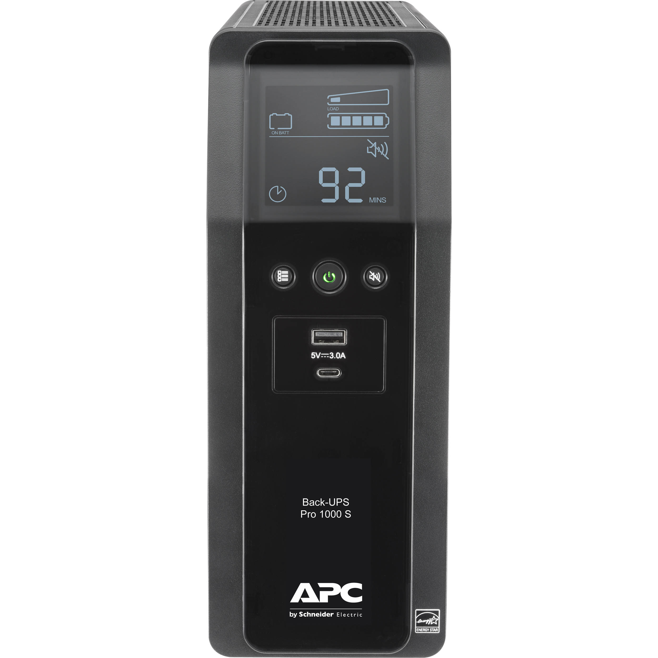 APC Back-UPS Pro BR 1000VA tower UPS with LCD display, 10 outlets, and USB charging ports — view 2