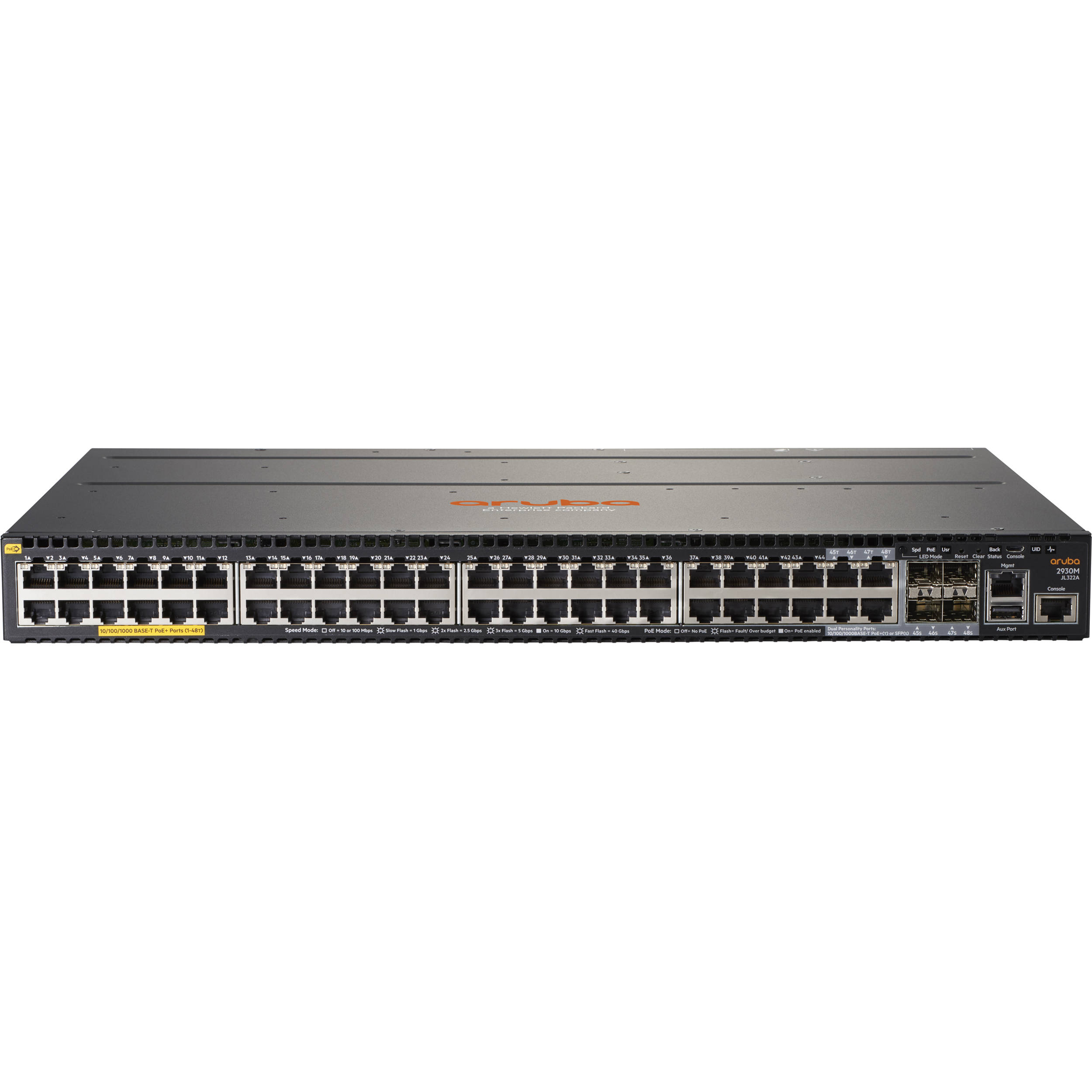 Aruba 2930M 48G PoE+ Layer 3 rack-mount switch with 44 PoE+ ports and 4 combo SFP uplinks — view 2