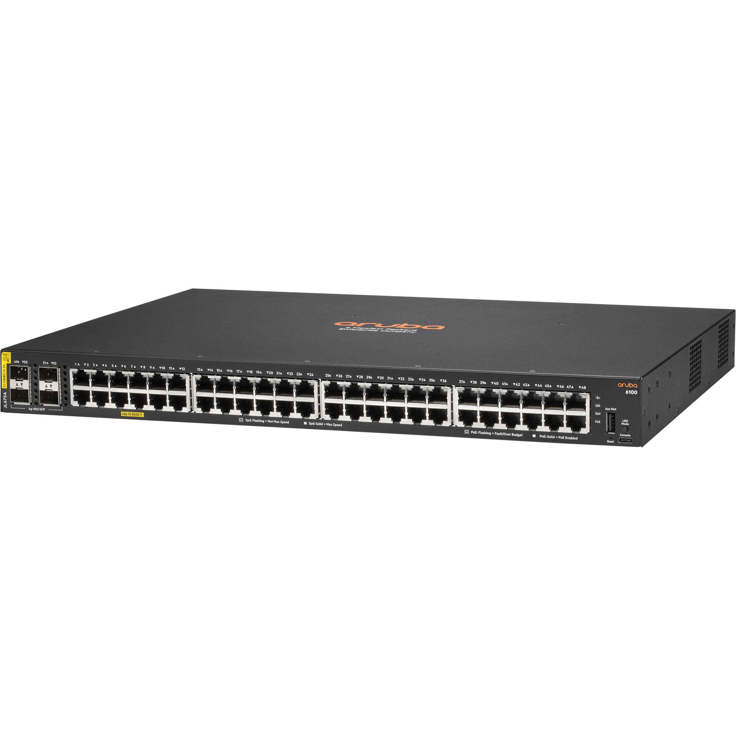 Aruba 6100 48G Class4 PoE switch with 48 Gigabit PoE+ ports and 4 SFP+ uplinks — view 2