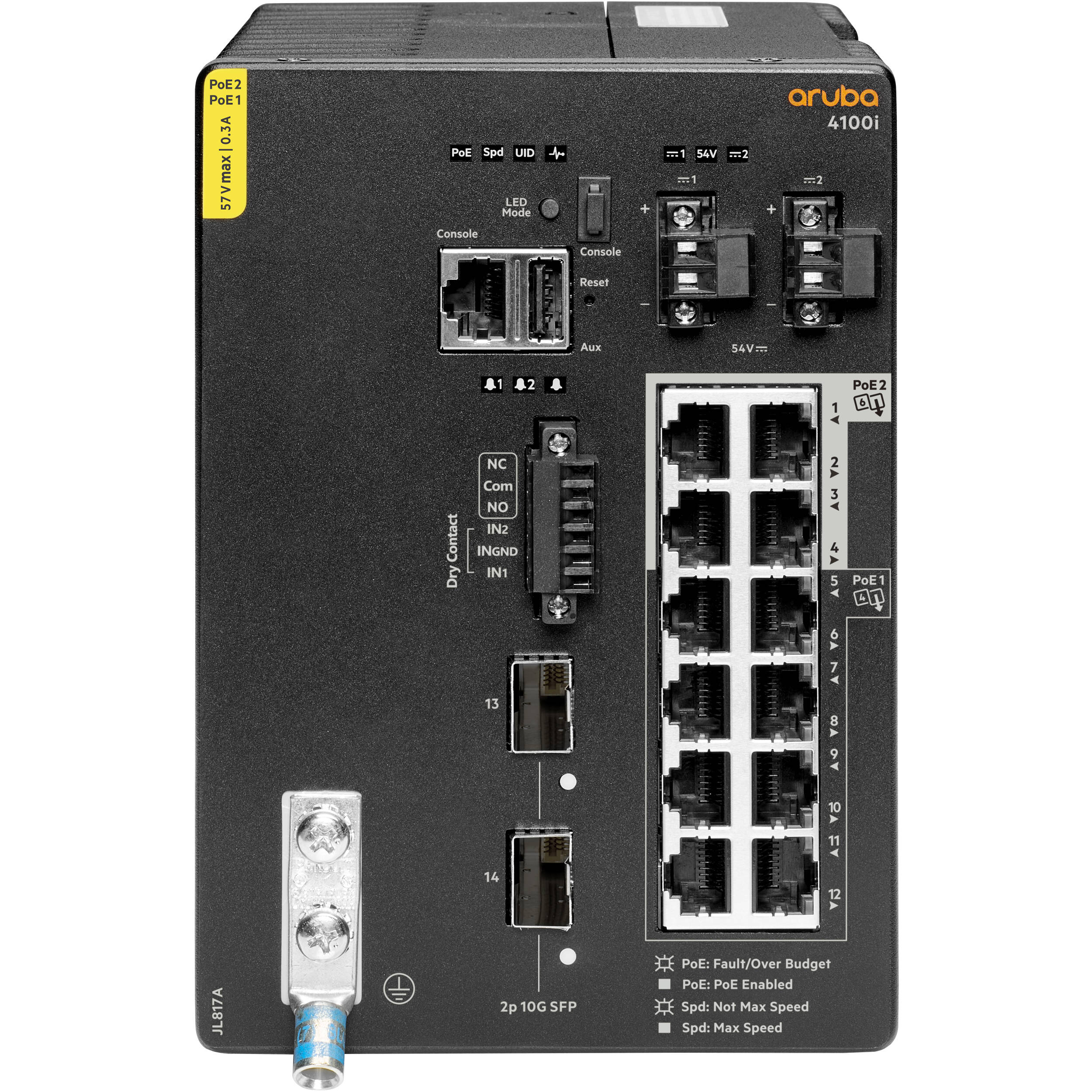HPE Aruba 4100I industrial switch with 12 Gigabit PoE ports and 2 SFP+ uplinks — view 2
