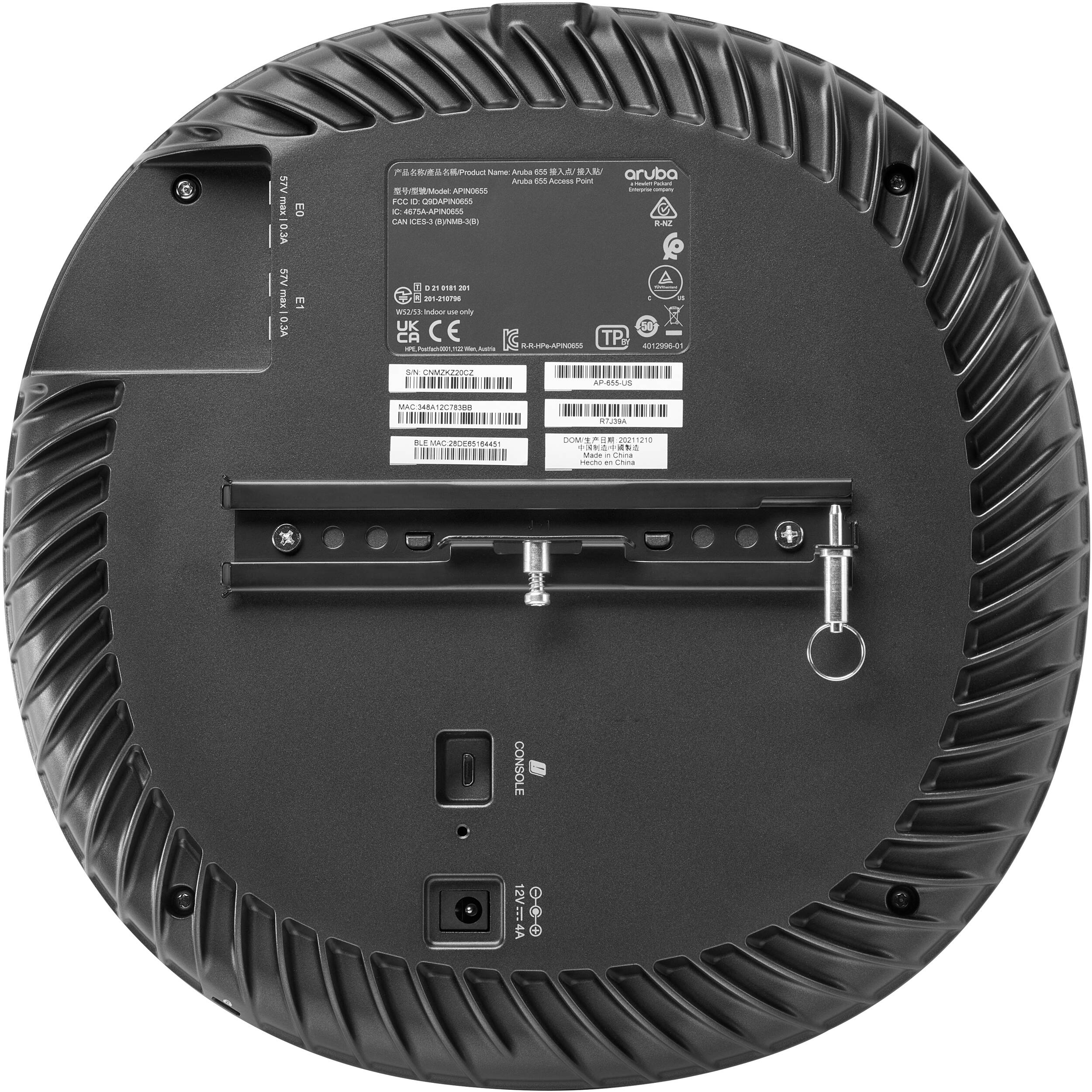 Aruba AP-655 campus access point with tri-band Wi-Fi 6E, ceiling mount design, and dual Ethernet uplinks — view 2