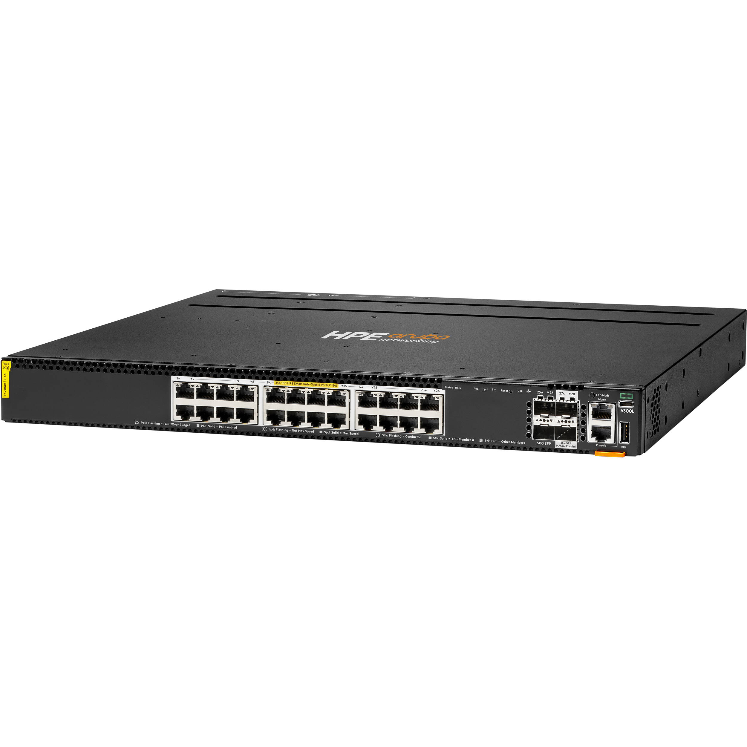 HPE Aruba Networking CX 6300L 24-port Smart Rate PoE++ Layer 3 rack-mount switch with 50G and 25G uplinks — view 2