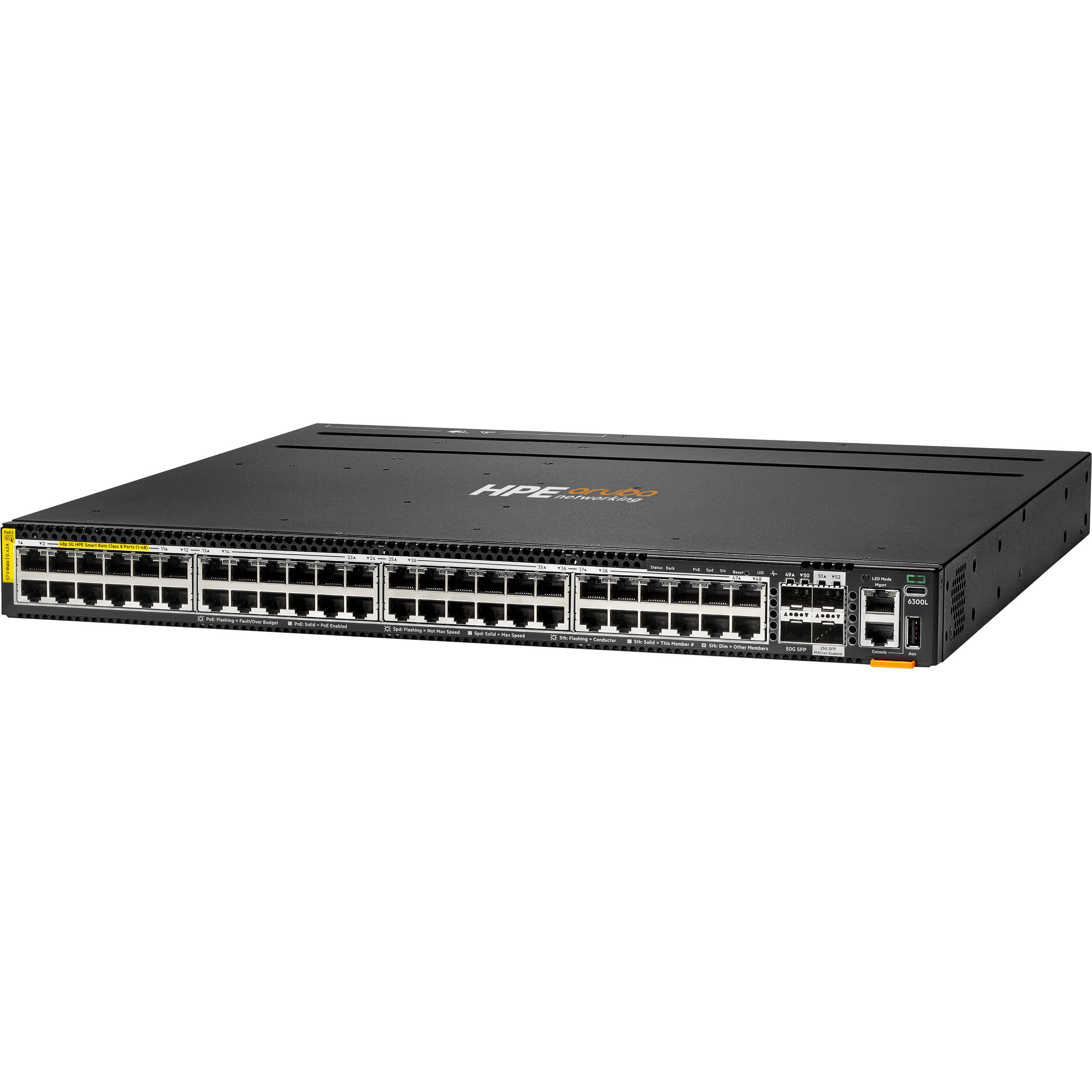 HPE Aruba Networking 6300L 48-port Smart Rate PoE++ Layer 3 rack-mount switch with 50G and 25G uplinks — view 2