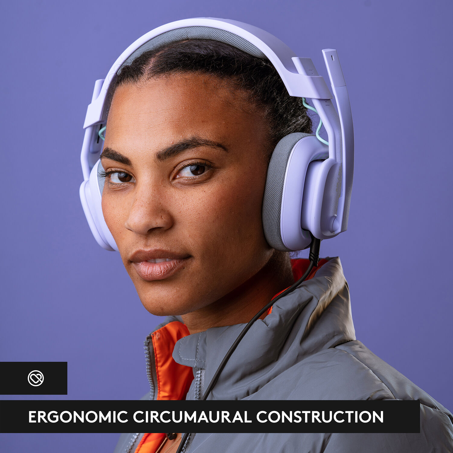 Logitech ASTRO A10 G2 wired PC gaming headset in Lilac with over-ear cups and boom microphone — view 7
