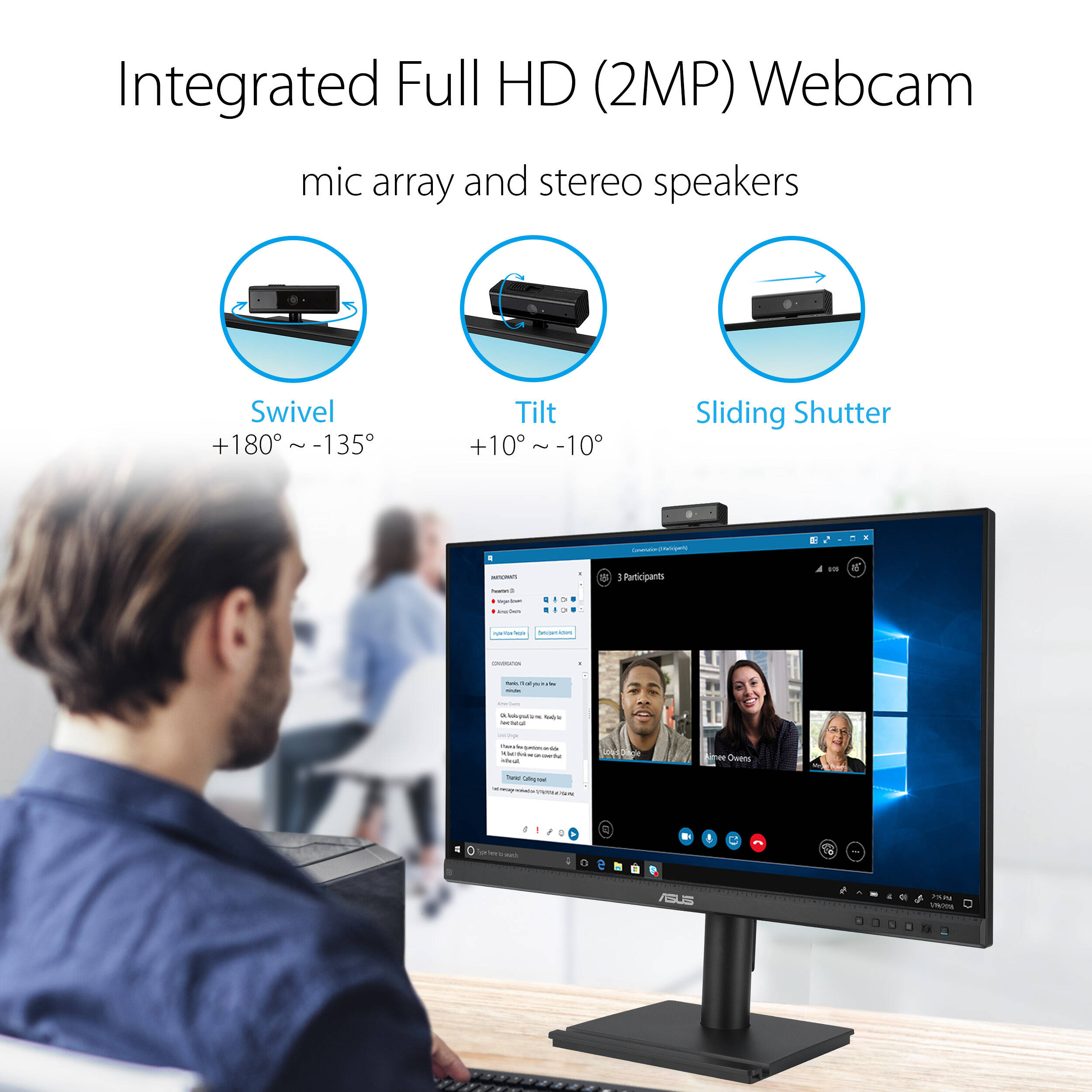 ASUS BE249QFK 24-inch Full HD IPS video conferencing monitor with webcam, mic array, and speakers — view 13