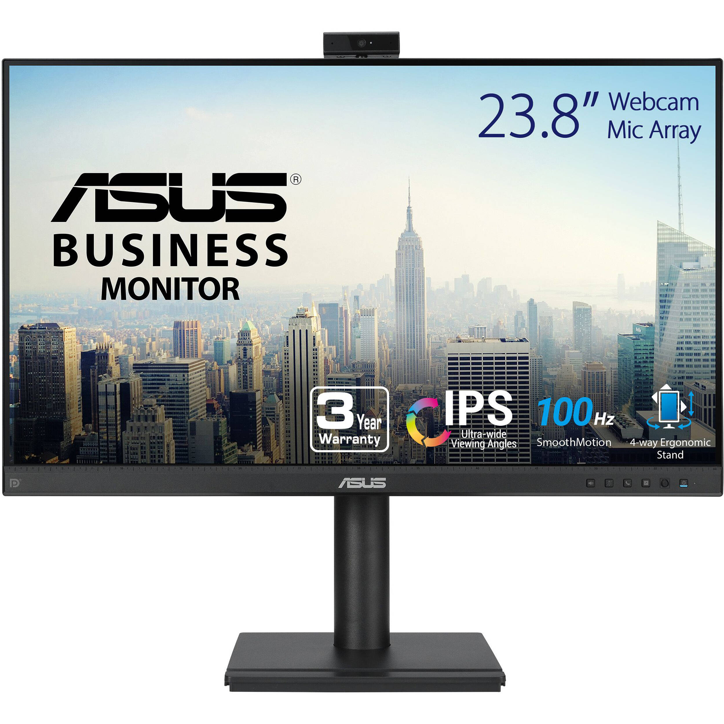ASUS BE249QFK 24-inch Full HD IPS video conferencing monitor with webcam, mic array, and speakers — view 2
