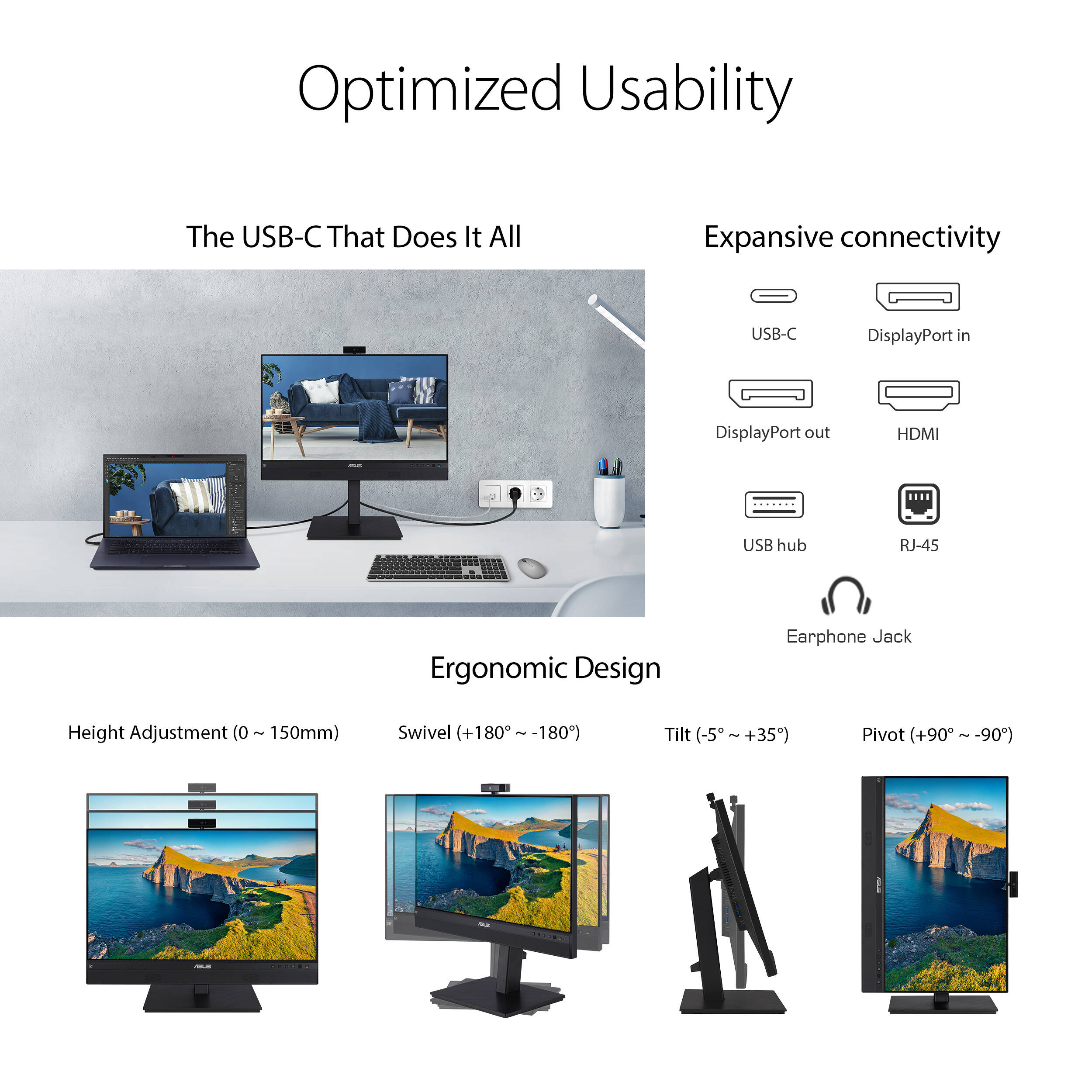 ASUS BE24ECSNK 23.8-inch Full HD IPS monitor with built-in webcam, microphone, USB-C docking, and height-adjustable stand — view 17