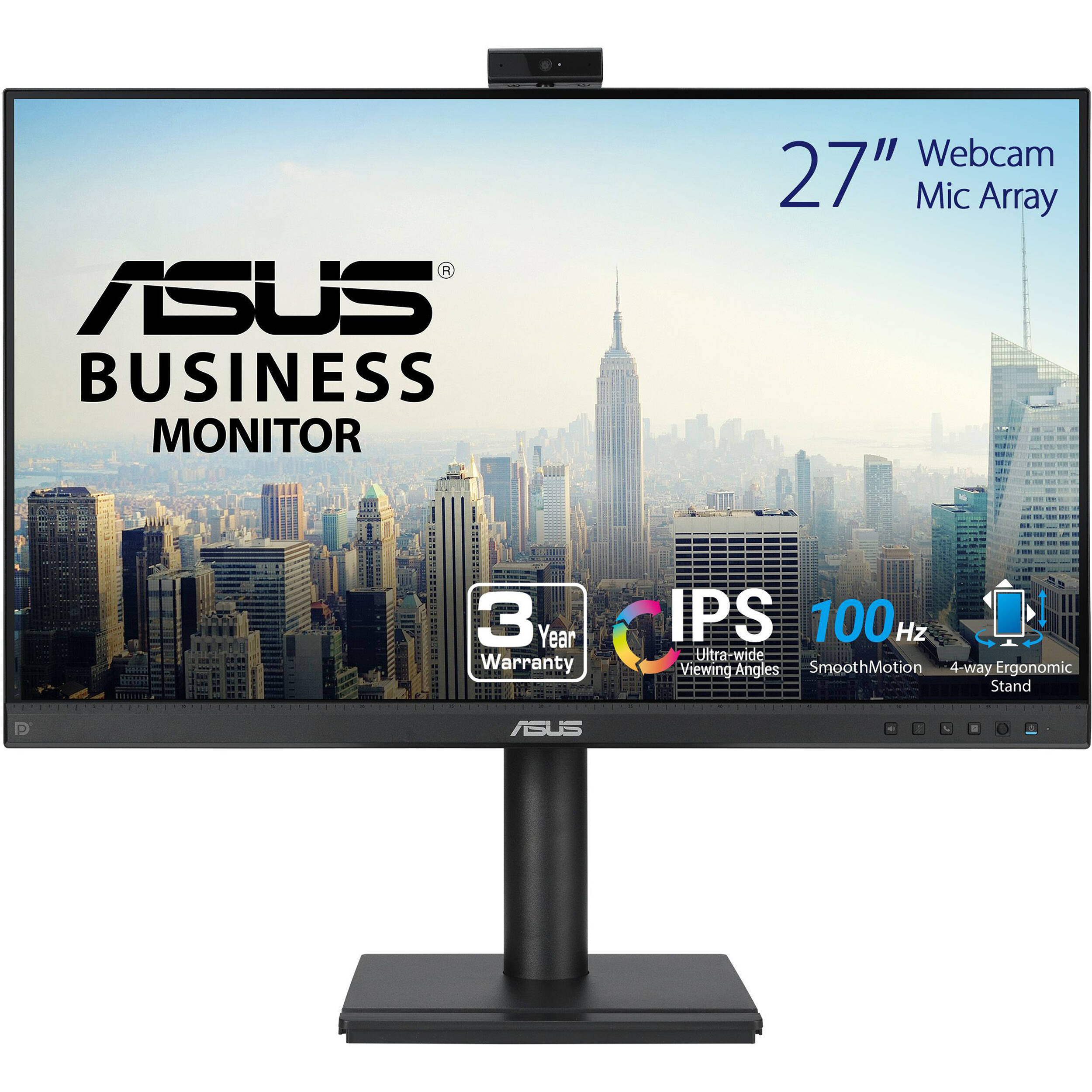 ASUS BE279QFK 27-inch Full HD IPS monitor with built-in webcam, mic array, speakers, and height-adjustable stand — view 2