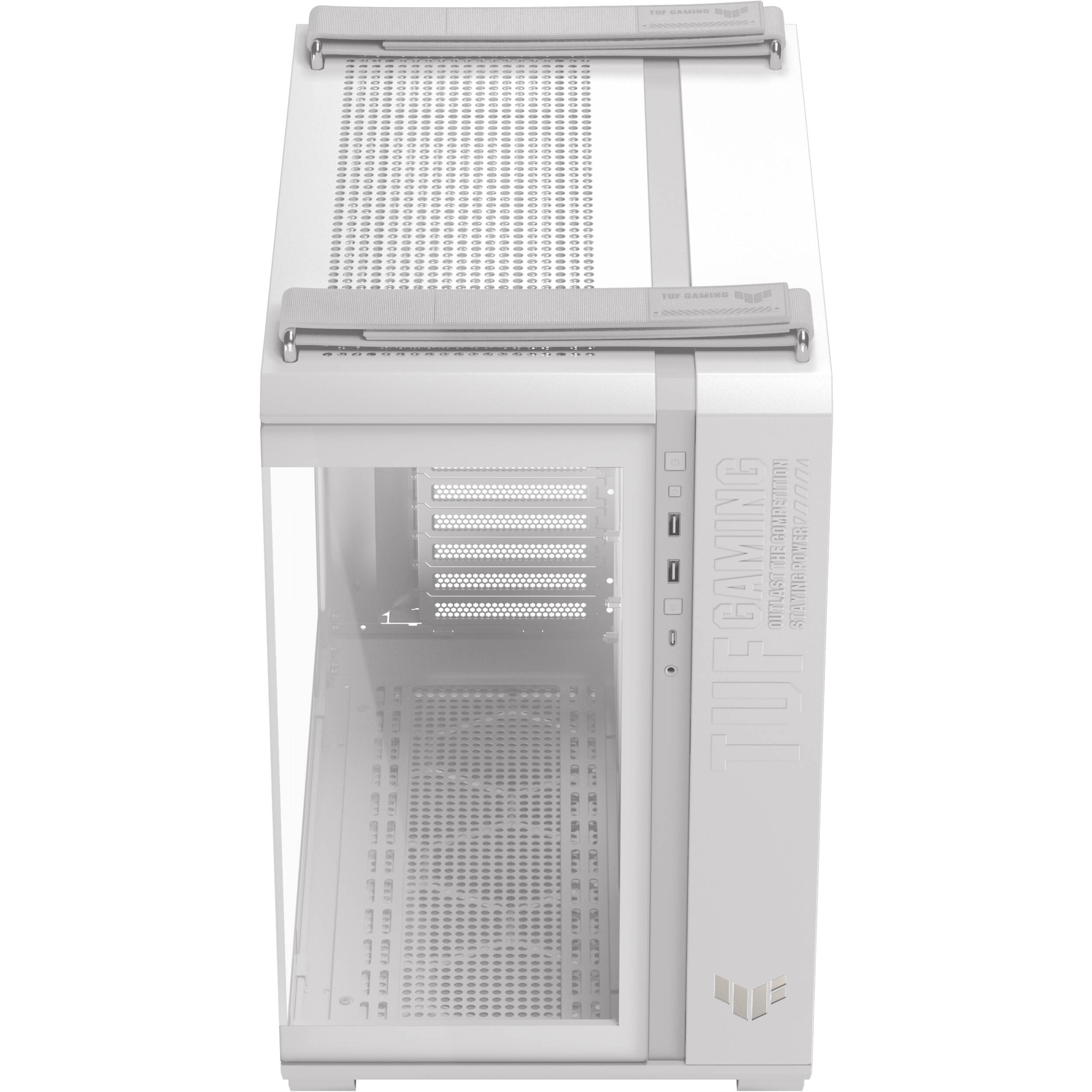 ASUS TUF Gaming GT502 Horizon White ATX mid-tower case with tempered glass and dual-chamber layout — view 3