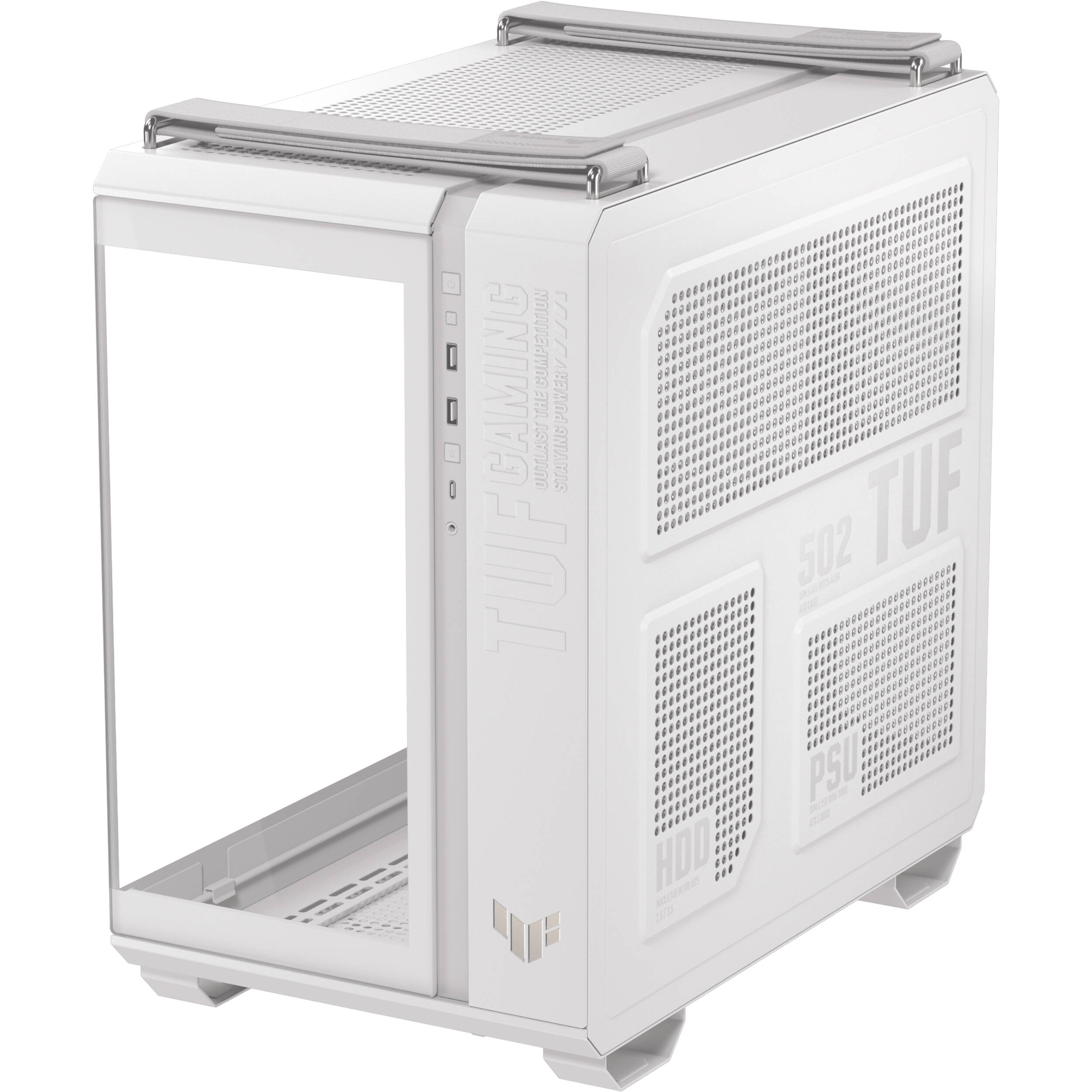 ASUS TUF Gaming GT502 Horizon White ATX mid-tower case with tempered glass and dual-chamber layout — view 4