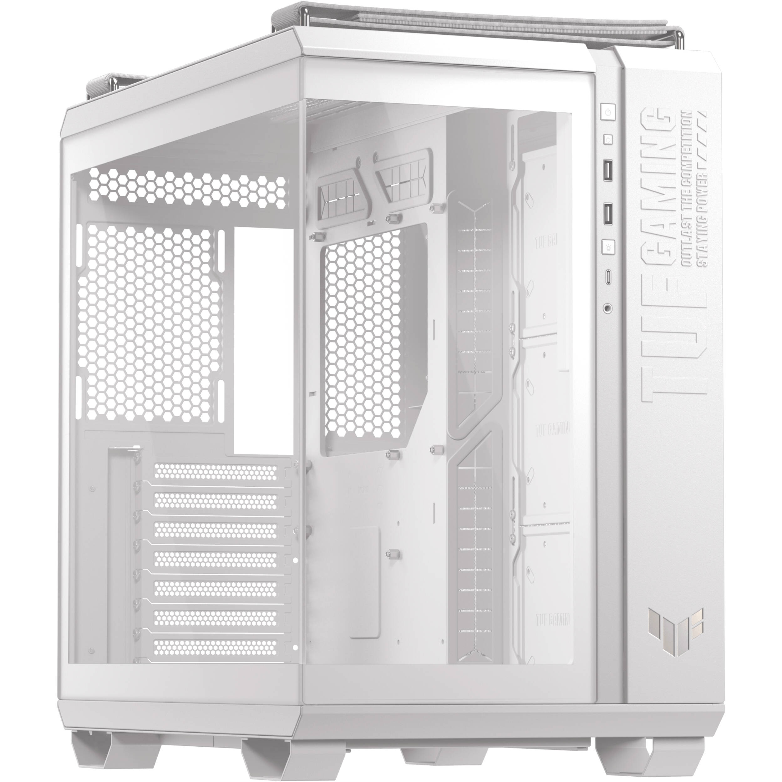 ASUS TUF Gaming GT502 Horizon White ATX mid-tower case with tempered glass and dual-chamber layout — view 5