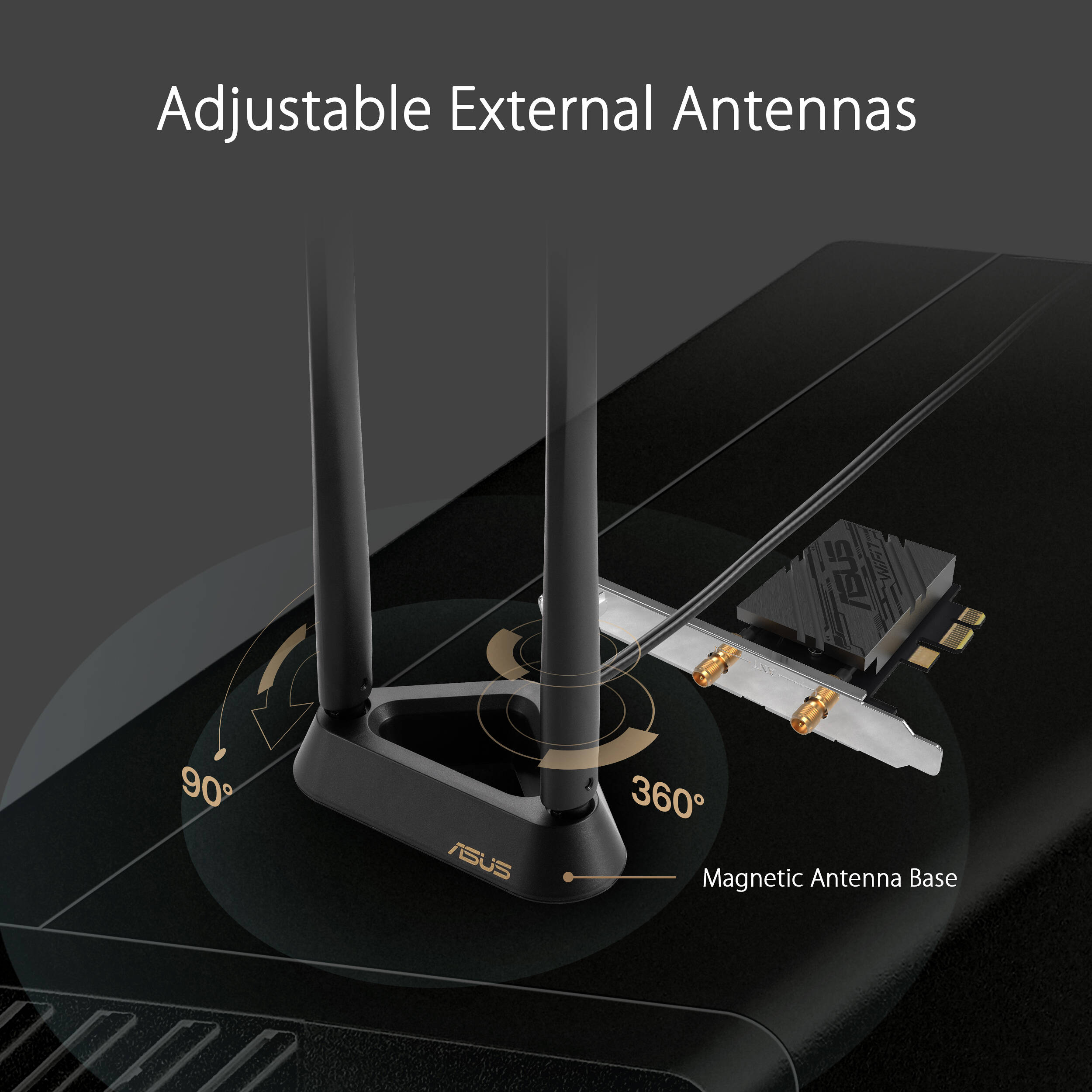 ASUS PCE-BE92BT WiFi 7 PCI-E wireless adapter with dual external antennas — view 9