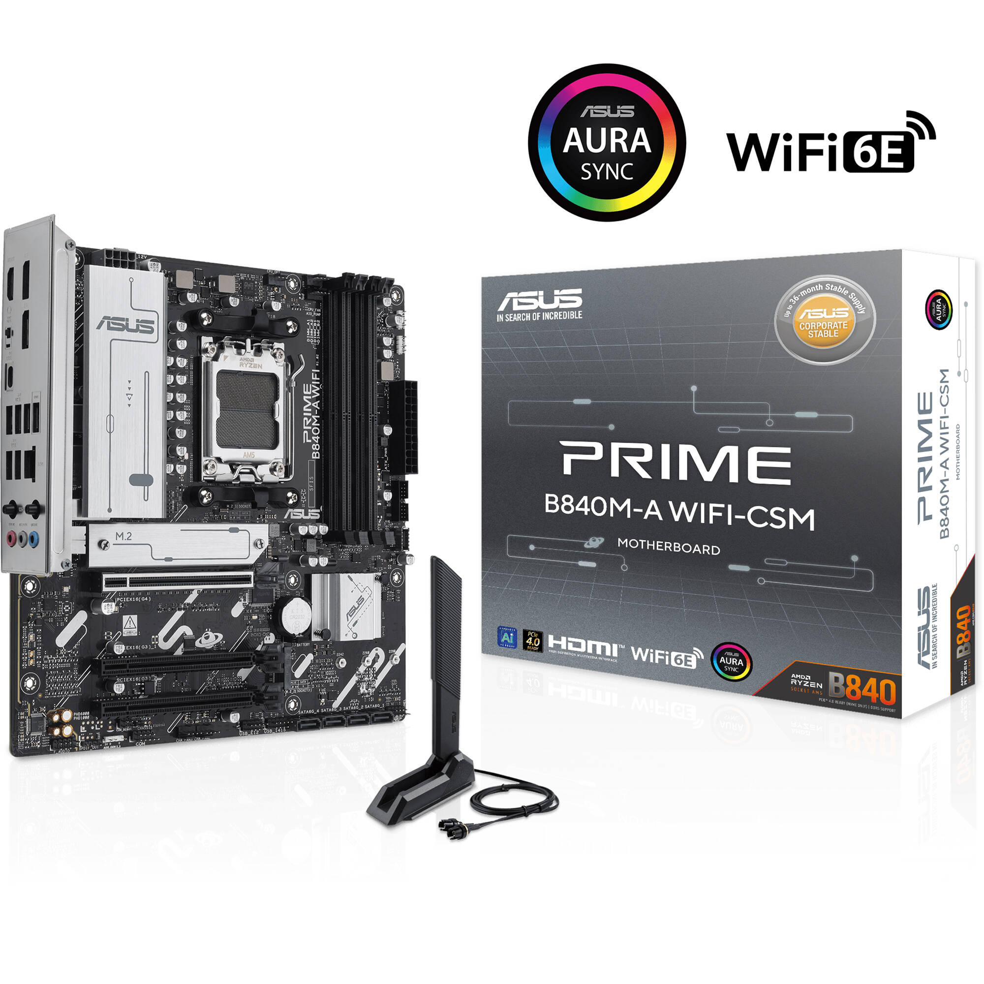 ASUS PRIME B840M-A WIFI-CSM micro-ATX motherboard with AM5 socket, Wi-Fi 6E, and three M.2 slots — view 10