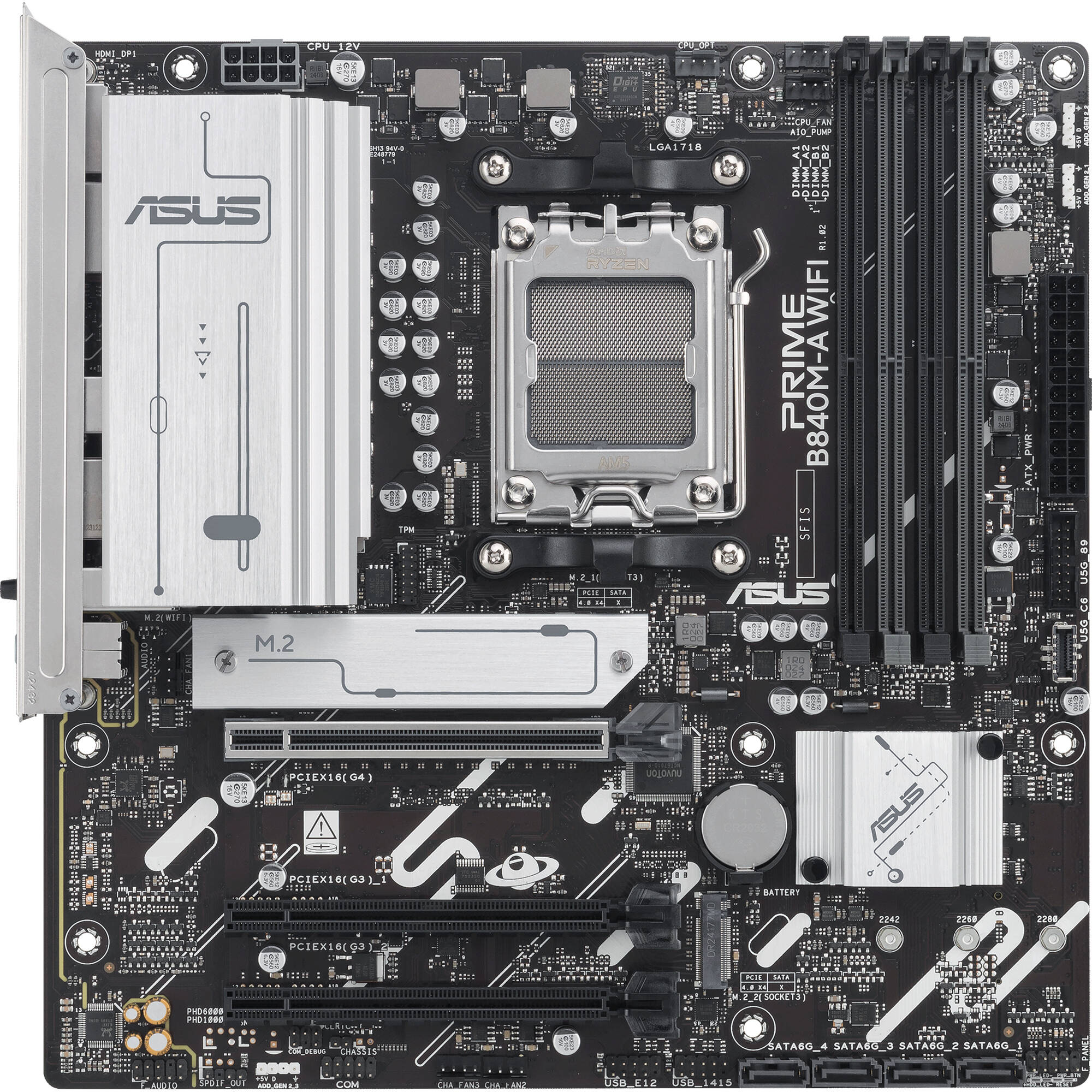 ASUS PRIME B840M-A WIFI-CSM micro-ATX motherboard with AM5 socket, Wi-Fi 6E, and three M.2 slots — view 2