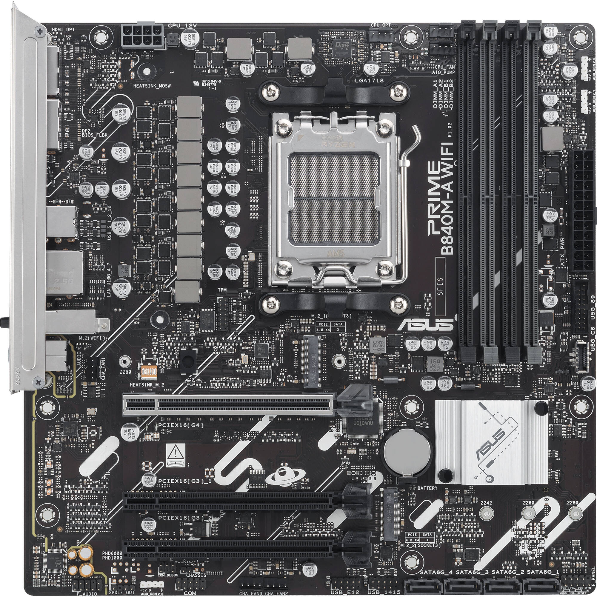 ASUS PRIME B840M-A WIFI-CSM micro-ATX motherboard with AM5 socket, Wi-Fi 6E, and three M.2 slots — view 3